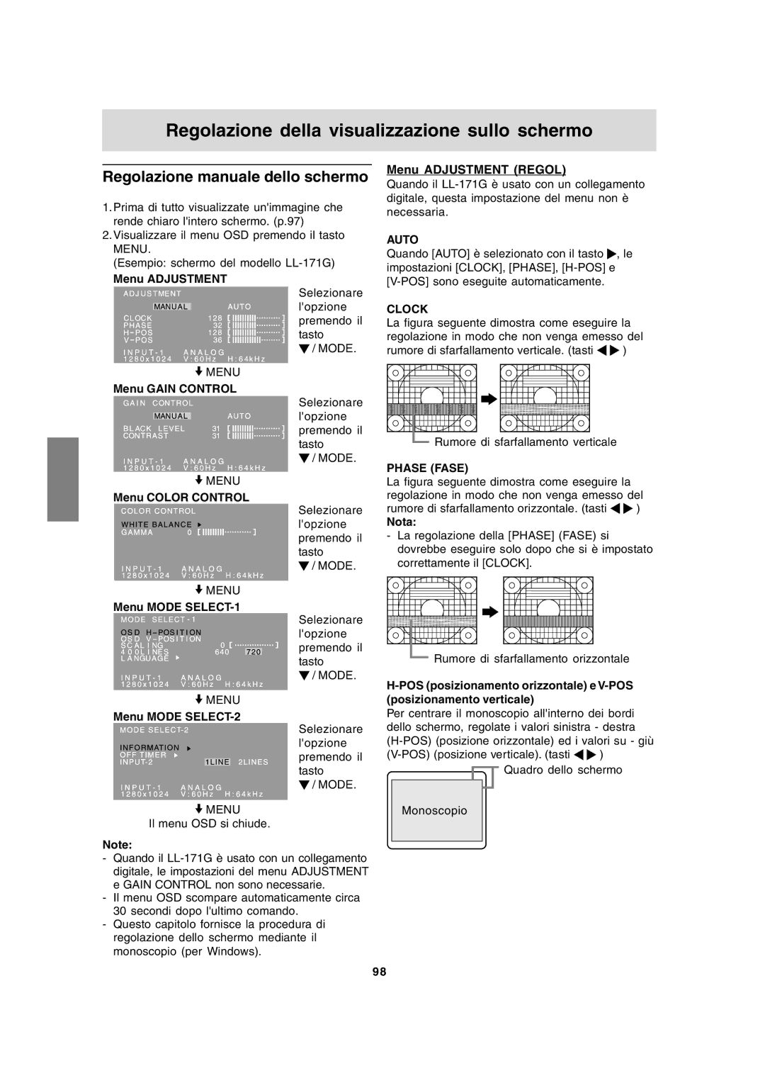 Sharp LL-171A LL-171G Regolazione della visualizzazione sullo schermo, Regolazione manuale dello schermo, Phase Fase 