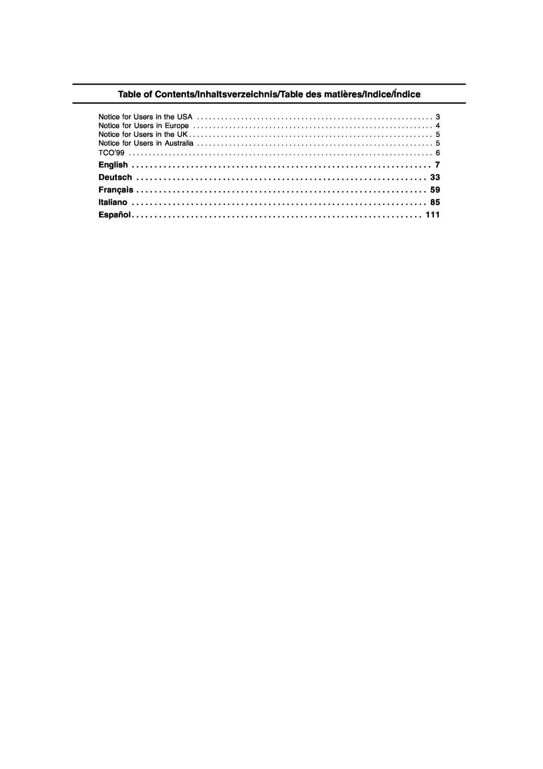 Sharp LL-171A LL-171G operation manual Table of Contents/Inhaltsverzeichnis/Table des matières/Indice/Índice 