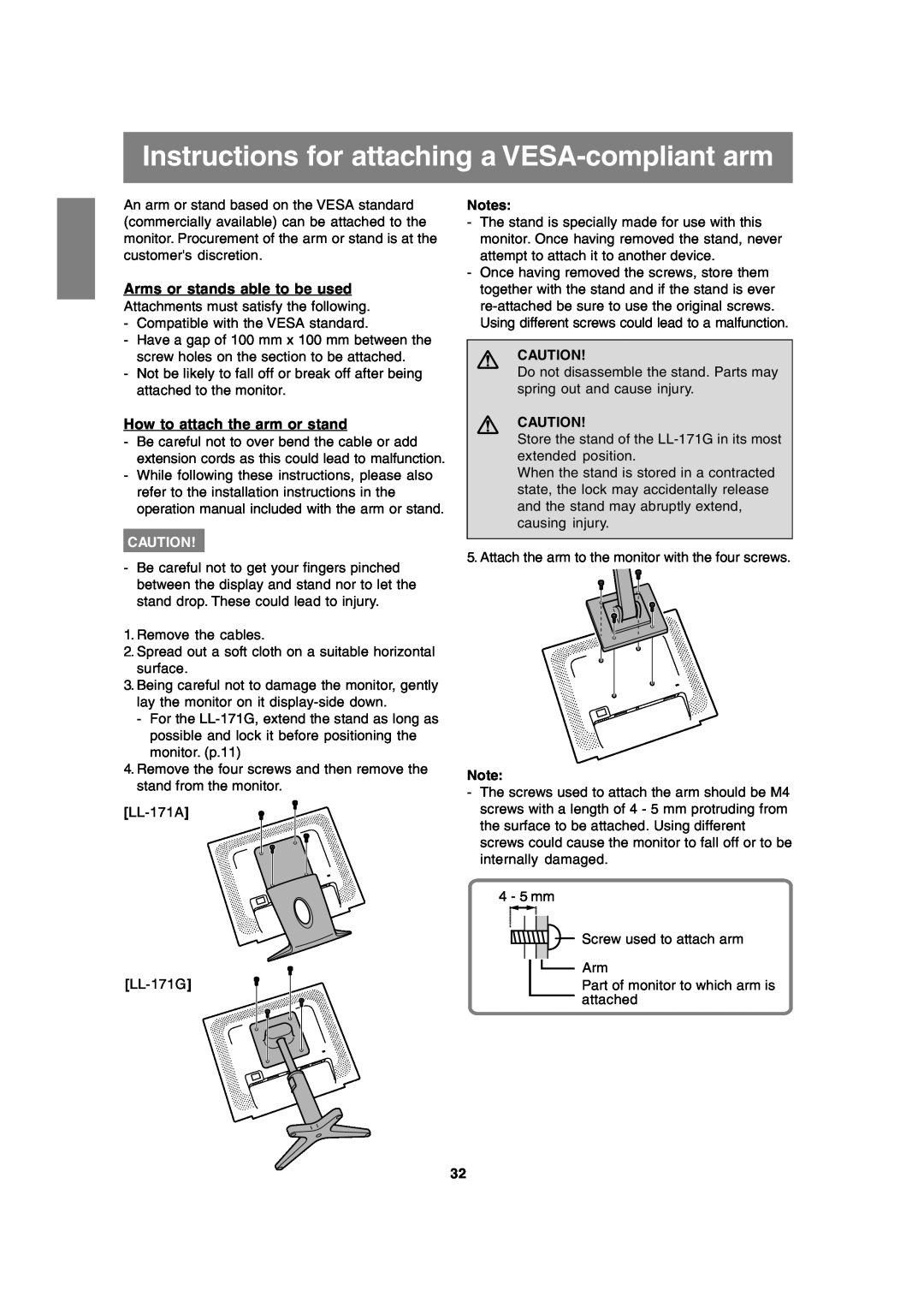 Sharp LL-171A LL-171G operation manual Instructions for attaching a VESA-compliant arm, Arms or stands able to be used 