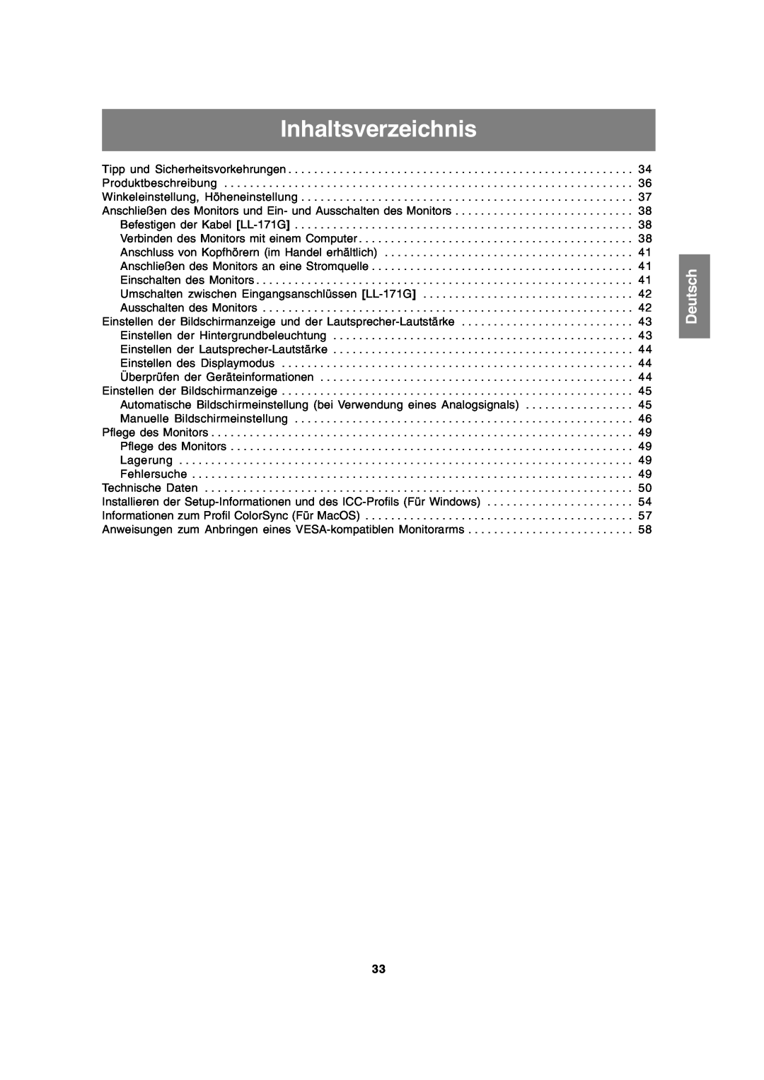 Sharp LL-171A LL-171G operation manual Inhaltsverzeichnis, Deutsch 