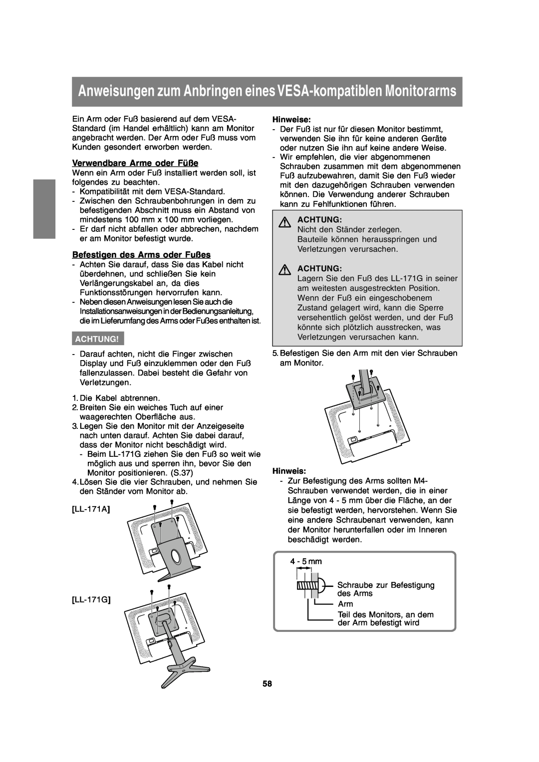 Sharp LL-171A LL-171G Anweisungen zum Anbringen eines VESA-kompatiblen Monitorarms, Verwendbare Arme oder Füße, Achtung 