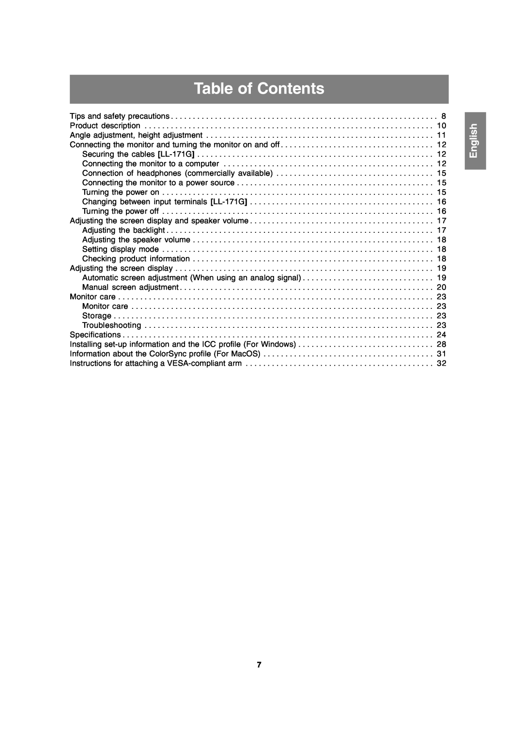 Sharp LL-171A LL-171G operation manual Table of Contents, English 