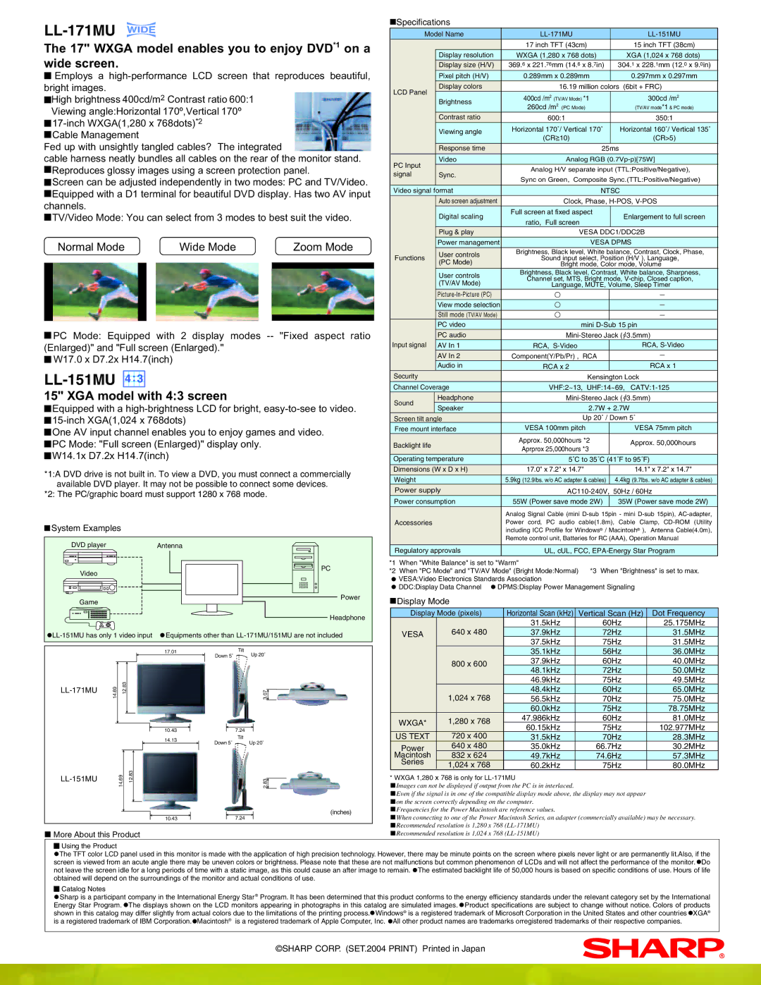 Sharp LL-171MU Specifications, Display Mode, 640 x 31.5kHz 60Hz 25.175MHz, 37.9kHz 72Hz 31.5MHz 37.5kHz 75Hz, 35.0kHz 