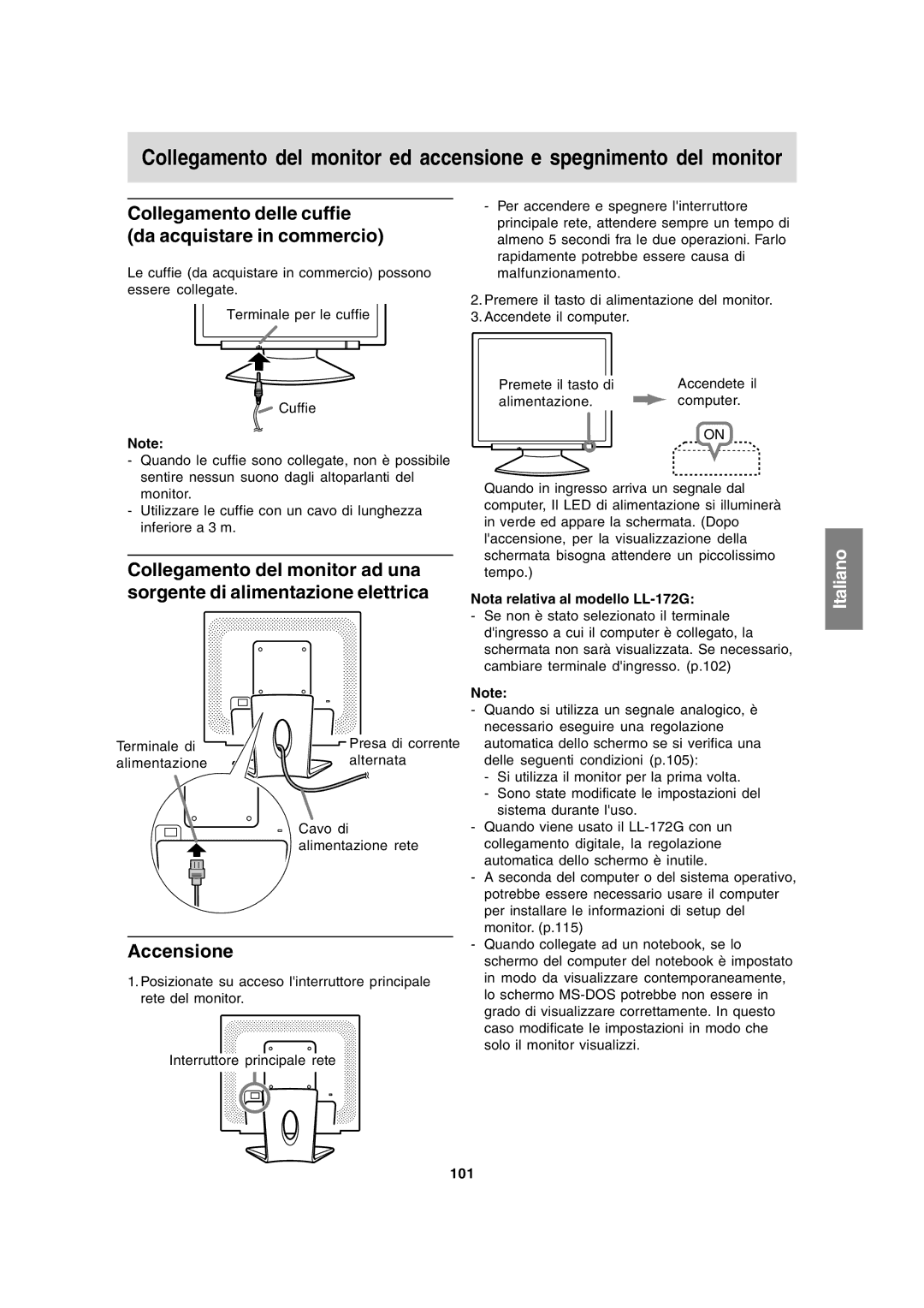 Sharp LL-172A Collegamento delle cuffie da acquistare in commercio, Accensione, Nota relativa al modello LL-172G, 101 