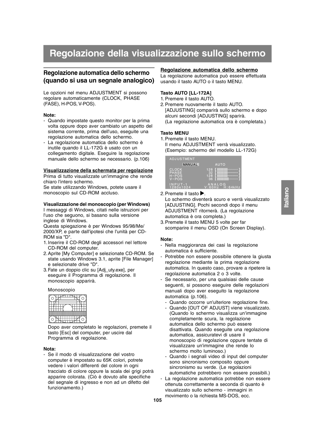 Sharp LL-172A, LL-172G Regolazione della visualizzazione sullo schermo, Regolazione automatica dello schermo 