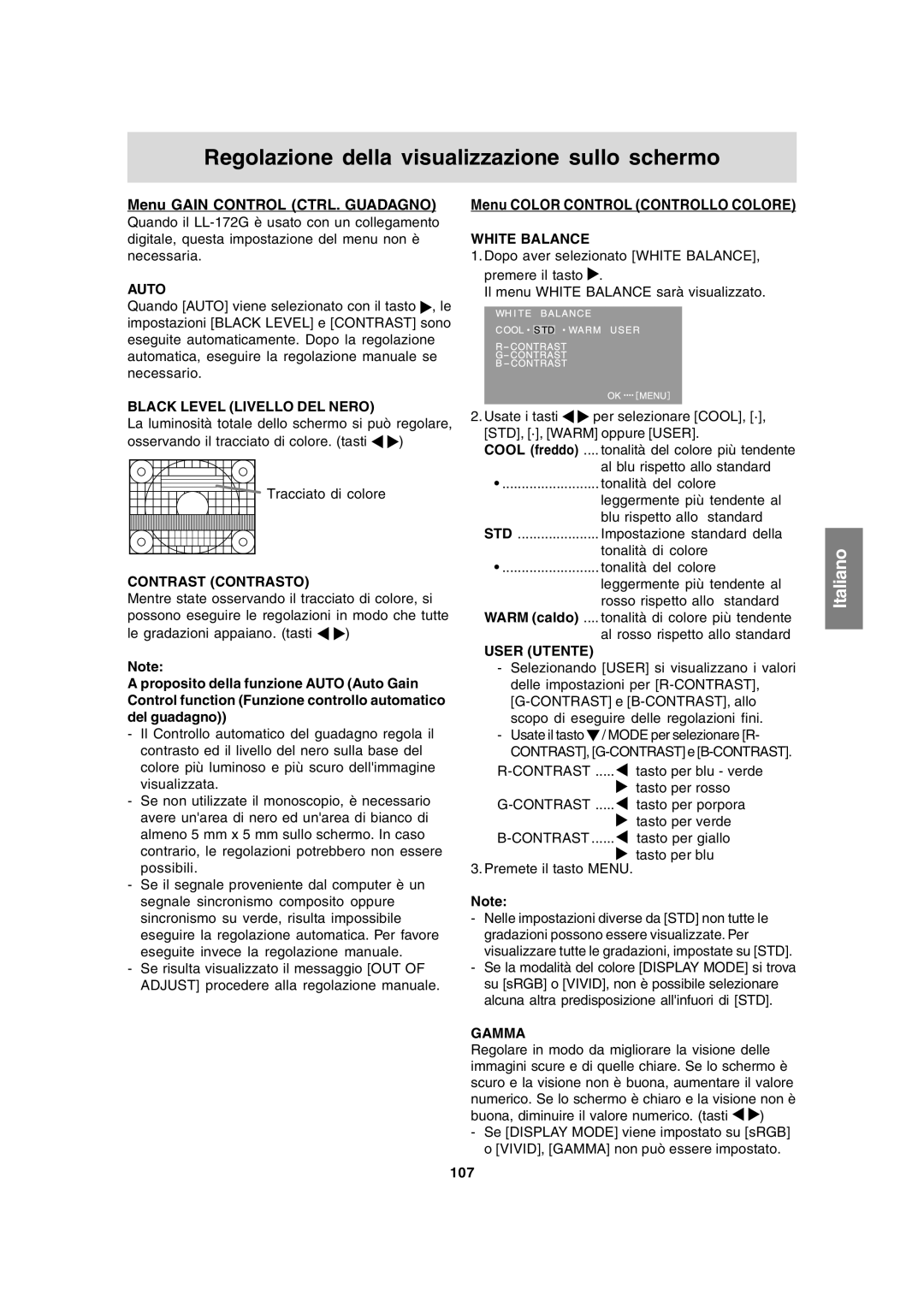 Sharp LL-172A, LL-172G Menu Gain Control CTRL. Guadagno, Menu Color Control Controllo Colore, Black Level Livello DEL Nero 
