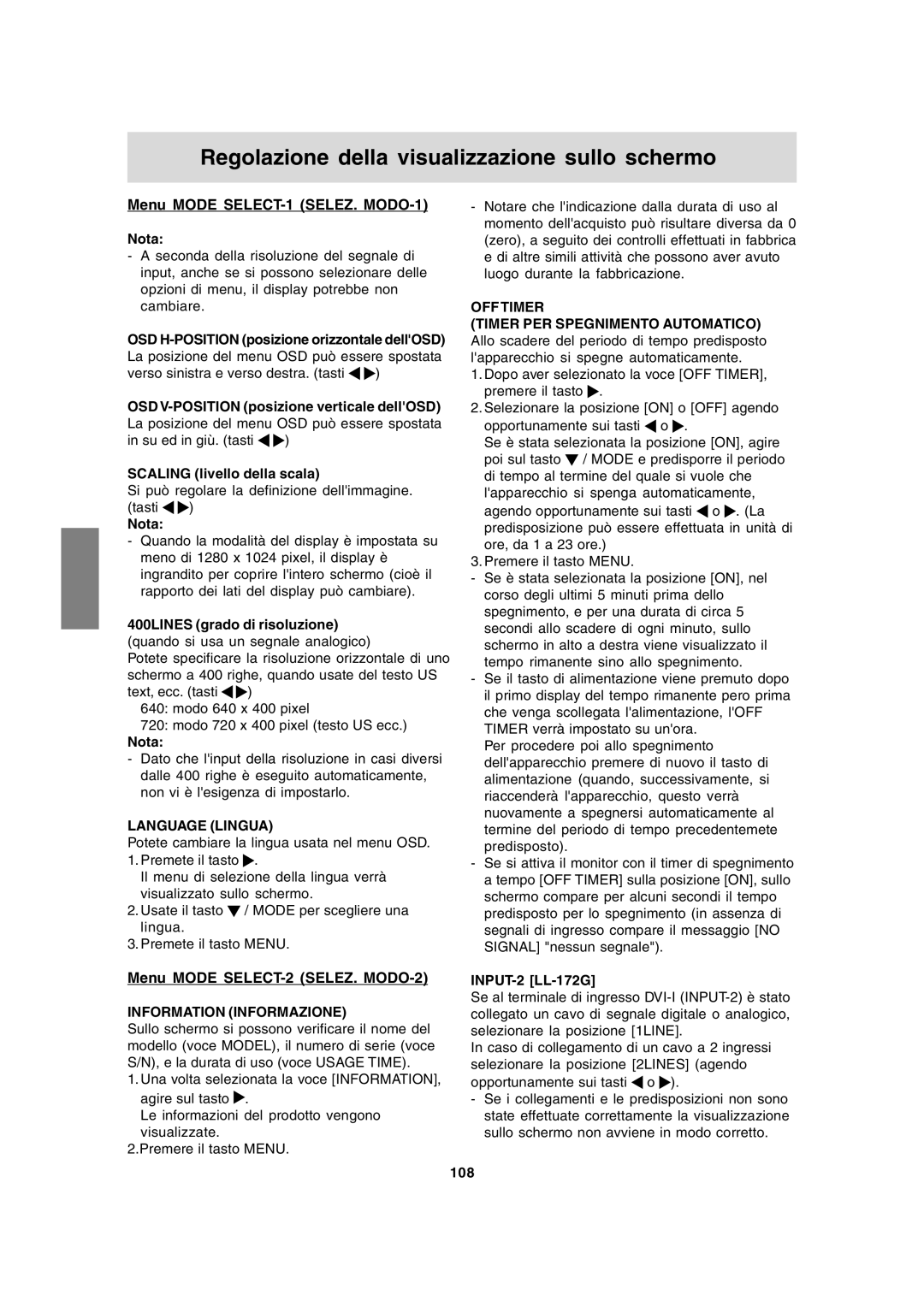 Sharp LL-172G, LL-172A operation manual Menu Mode SELECT-1 SELEZ. MODO-1, Menu Mode SELECT-2 SELEZ. MODO-2, Language Lingua 