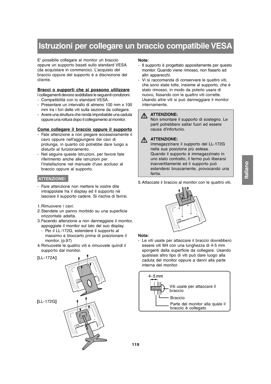 Sharp LL-172A Istruzioni per collegare un braccio compatibile Vesa, Bracci o supporti che si possono utilizzare, 119 