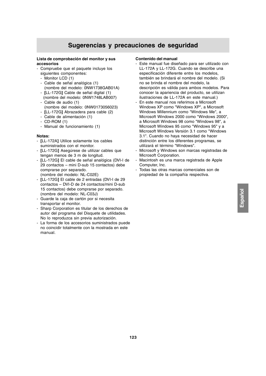 Sharp LL-172A Sugerencias y precauciones de seguridad, Lista de comprobación del monitor y sus accesorios, Notas, 123 