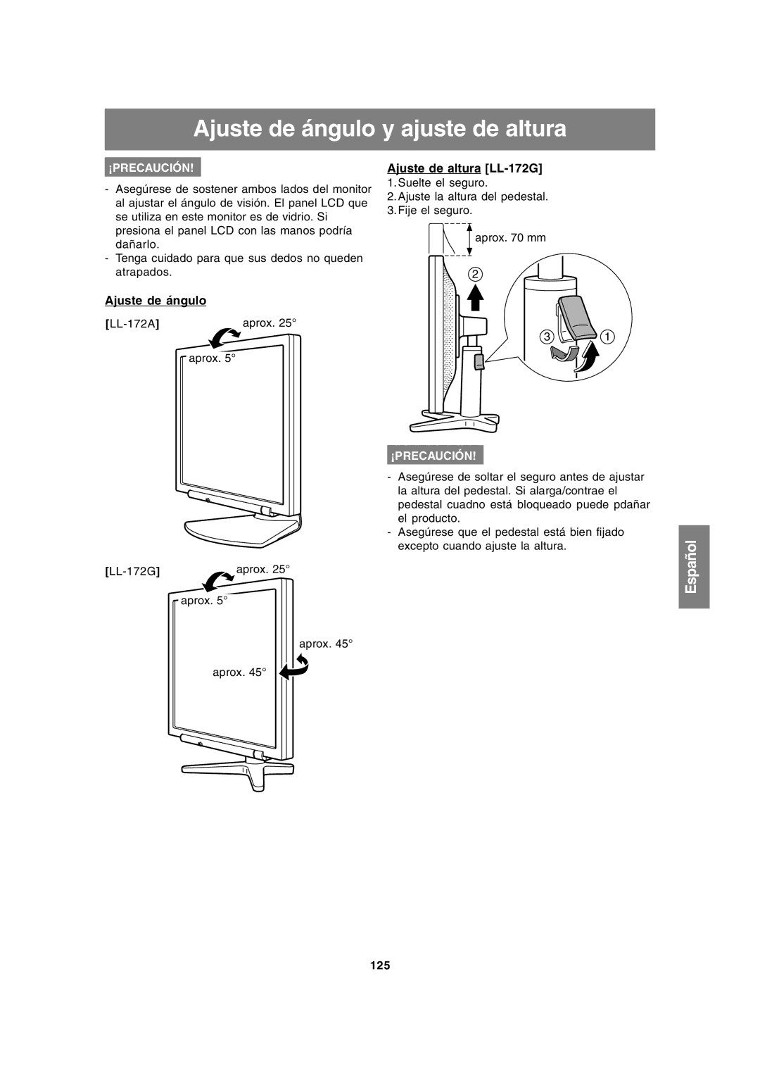 Sharp LL-172A operation manual Ajuste de ángulo y ajuste de altura, Ajuste de altura LL-172G 