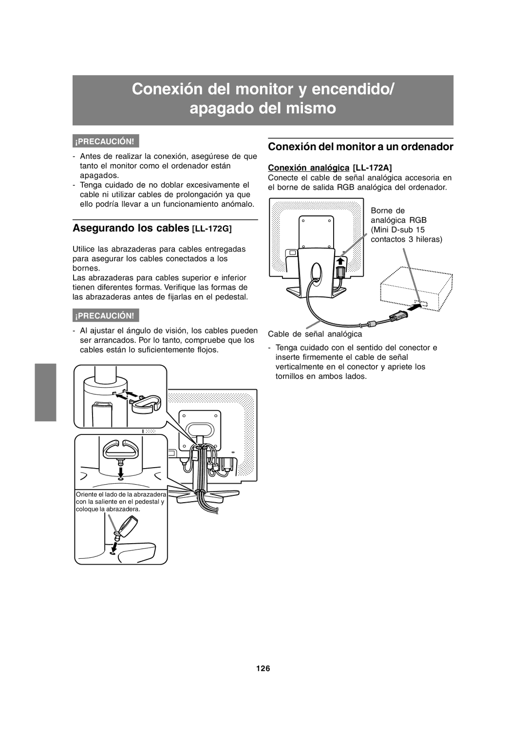 Sharp Conexión del monitor y encendido Apagado del mismo, Asegurando los cables LL-172G, Conexión analógica LL-172A 