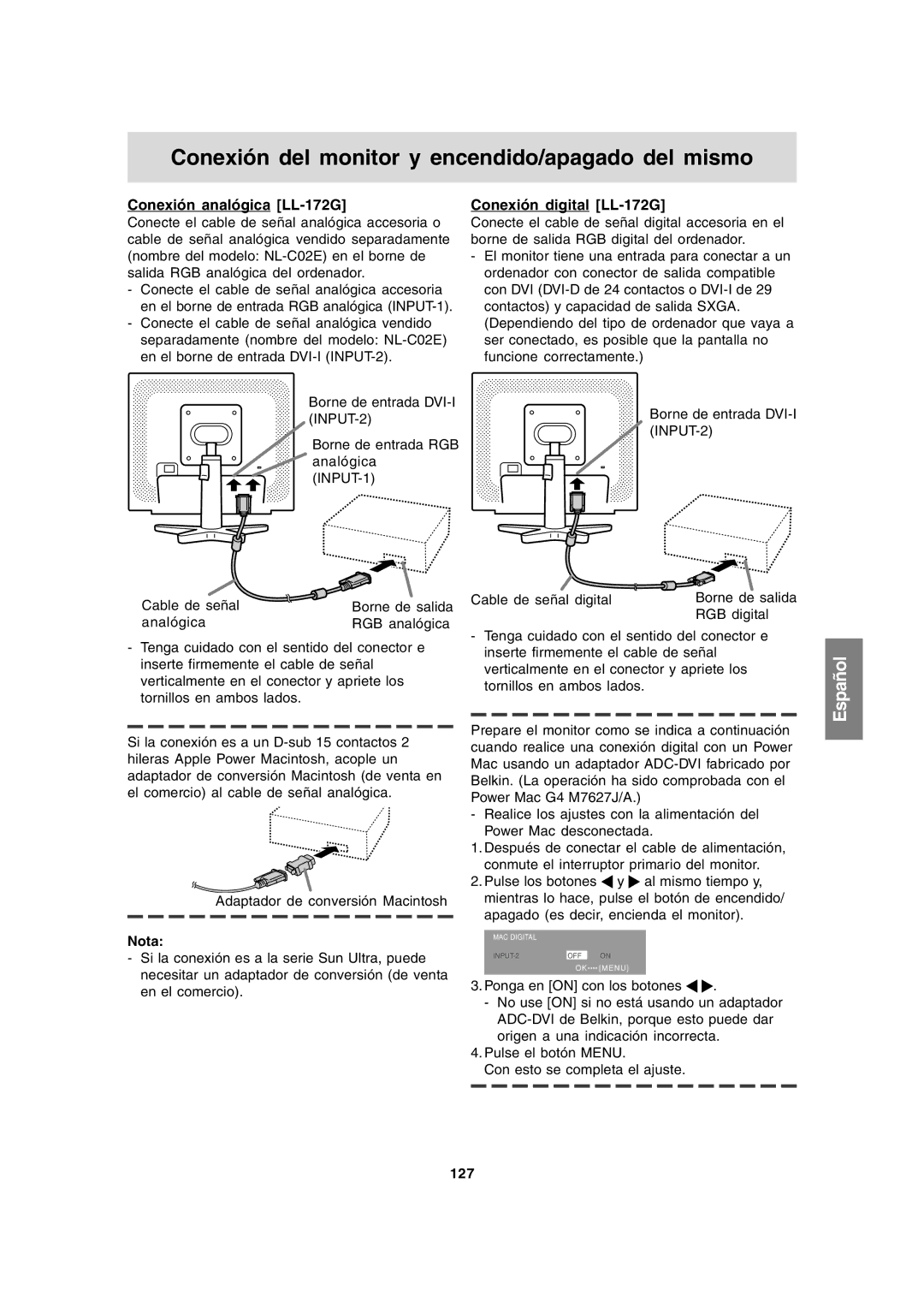 Sharp LL-172A Conexión del monitor y encendido/apagado del mismo, Conexión analógica LL-172G, Conexión digital LL-172G 