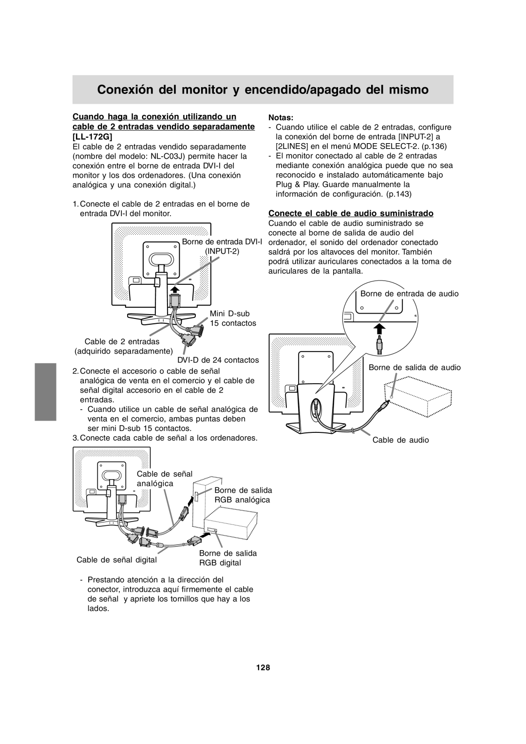 Sharp LL-172G, LL-172A Cuando haga la conexión utilizando un, Cable de 2 entradas vendido separadamente, 128 