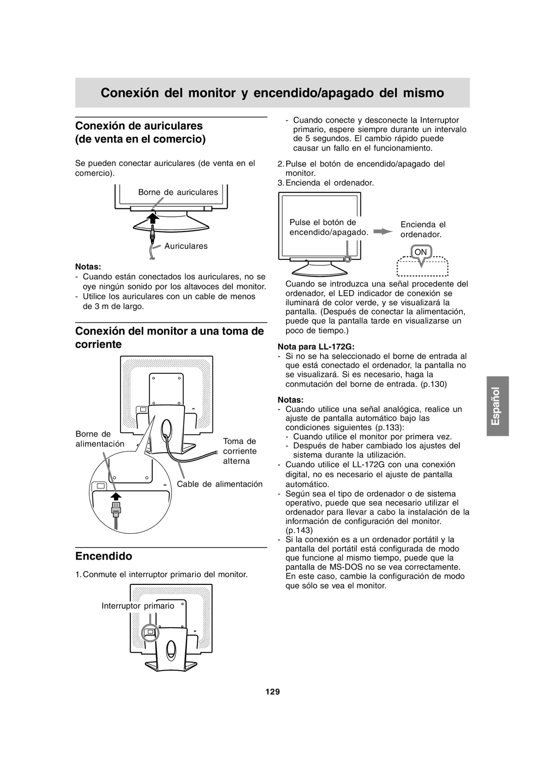 Sharp LL-172A Conexión de auriculares de venta en el comercio, Conexión del monitor a una toma de corriente, Encendido 