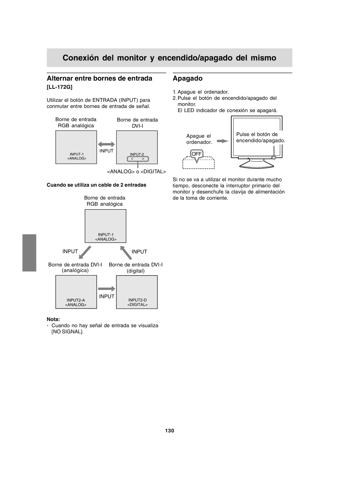 Sharp LL-172G, LL-172A Alternar entre bornes de entrada, Apagado, Cuando se utiliza un cable de 2 entradas, 130 
