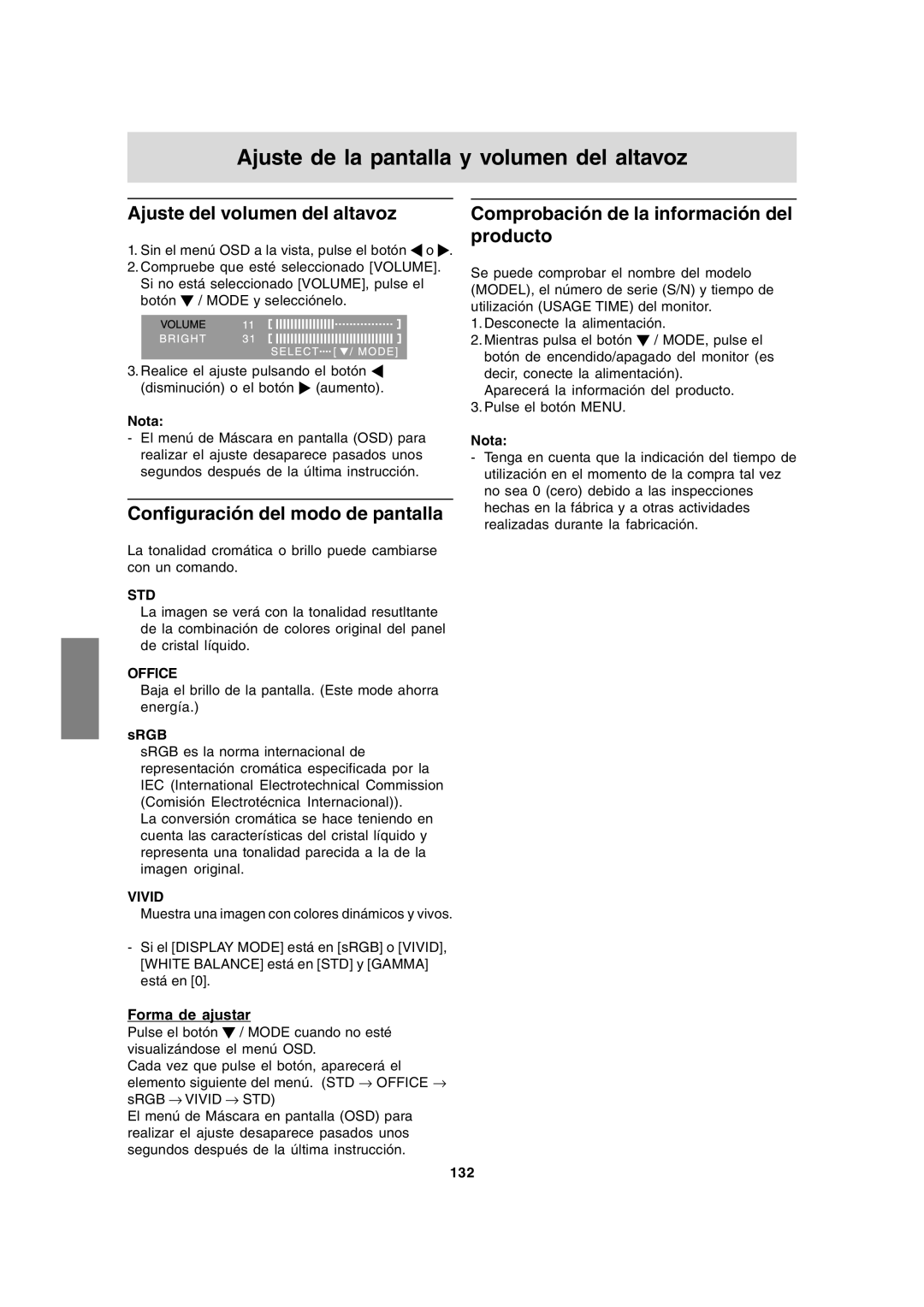 Sharp LL-172G, LL-172A Ajuste de la pantalla y volumen del altavoz, Ajuste del volumen del altavoz, Forma de ajustar 