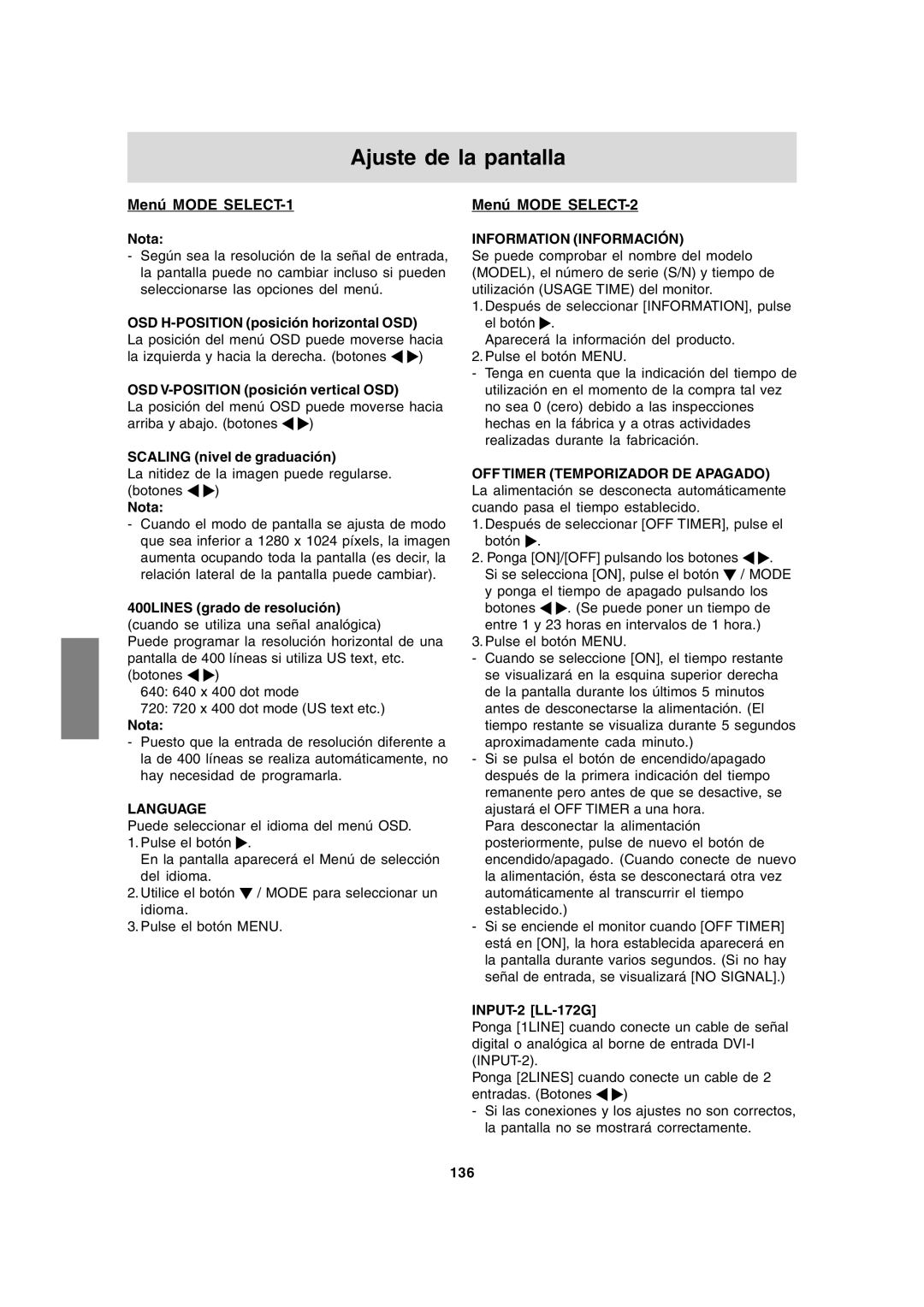 Sharp LL-172G, LL-172A operation manual Menú Mode SELECT-1, Menú Mode SELECT-2, Information Información 