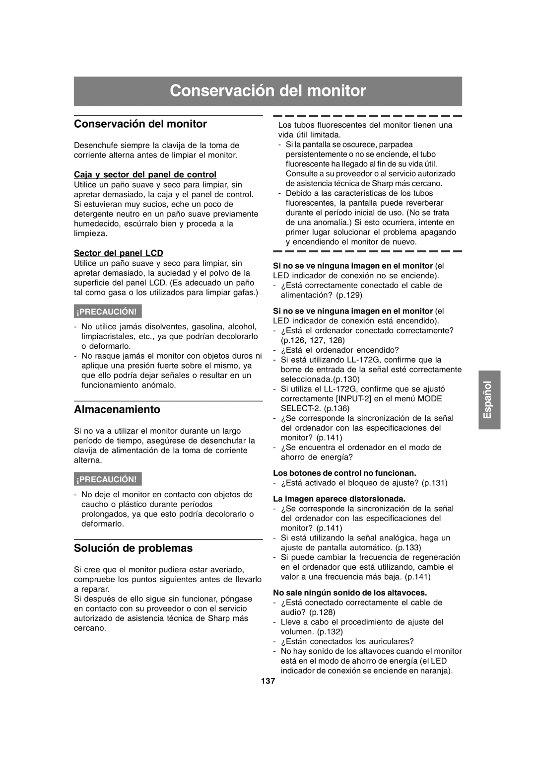 Sharp LL-172A, LL-172G operation manual Conservación del monitor, Almacenamiento, Solución de problemas 