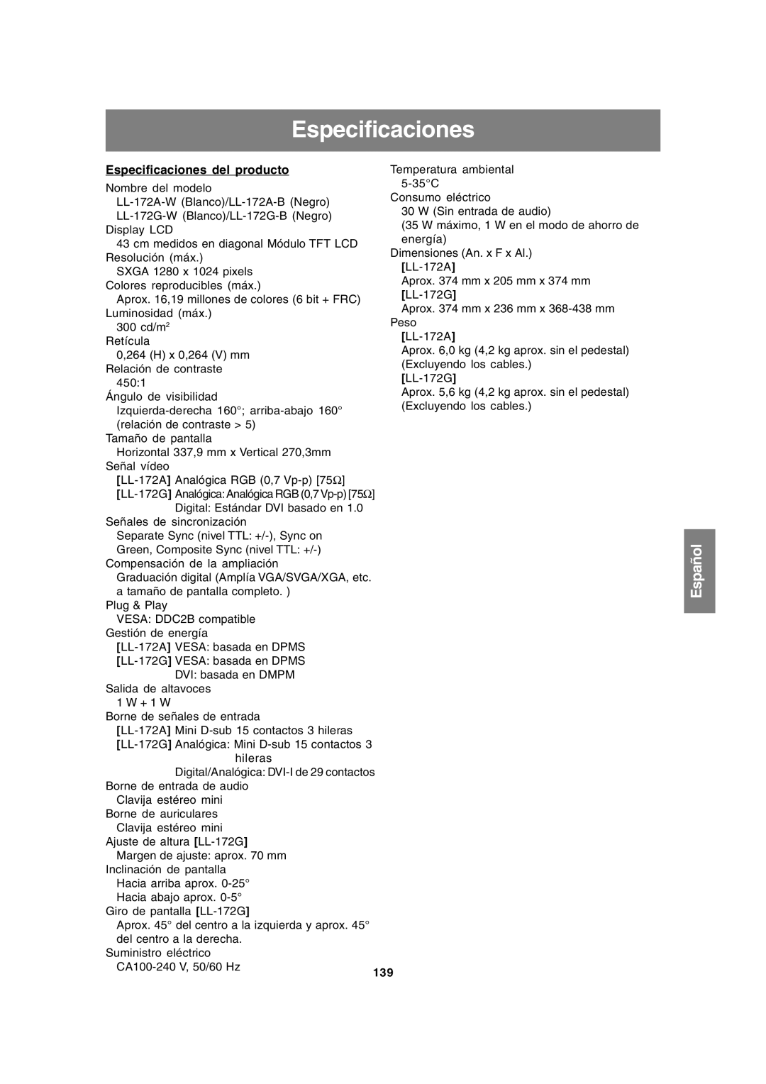 Sharp LL-172A, LL-172G operation manual Especificaciones del producto, 139 