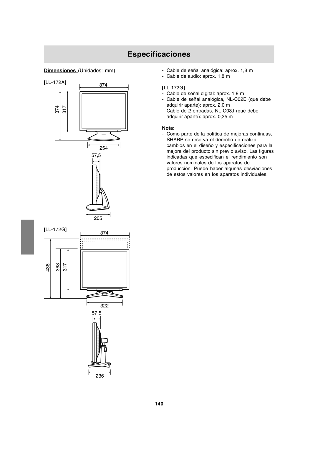 Sharp LL-172G, LL-172A operation manual Especificaciones, 140 