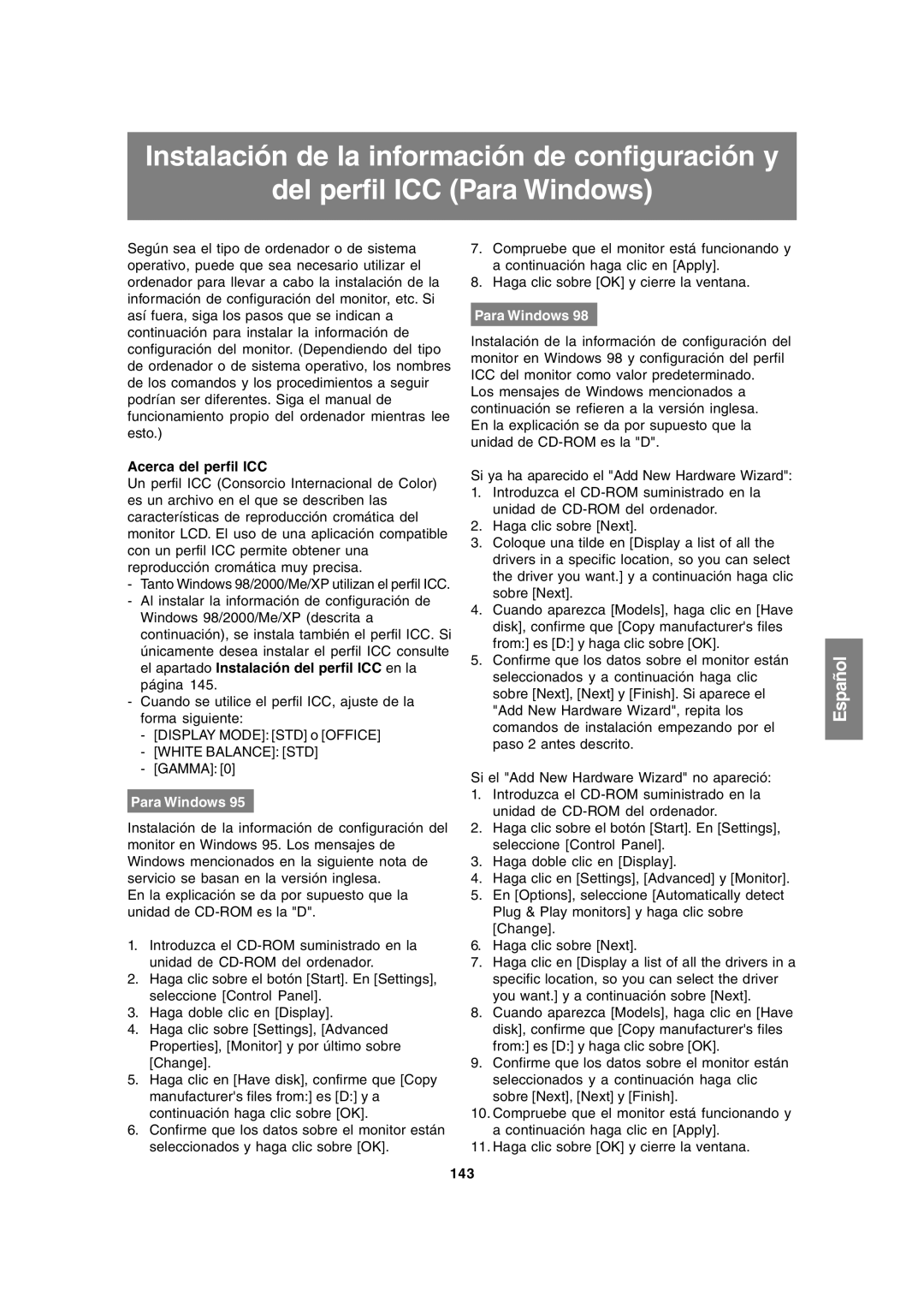 Sharp LL-172A, LL-172G operation manual Acerca del perfil ICC, 143 