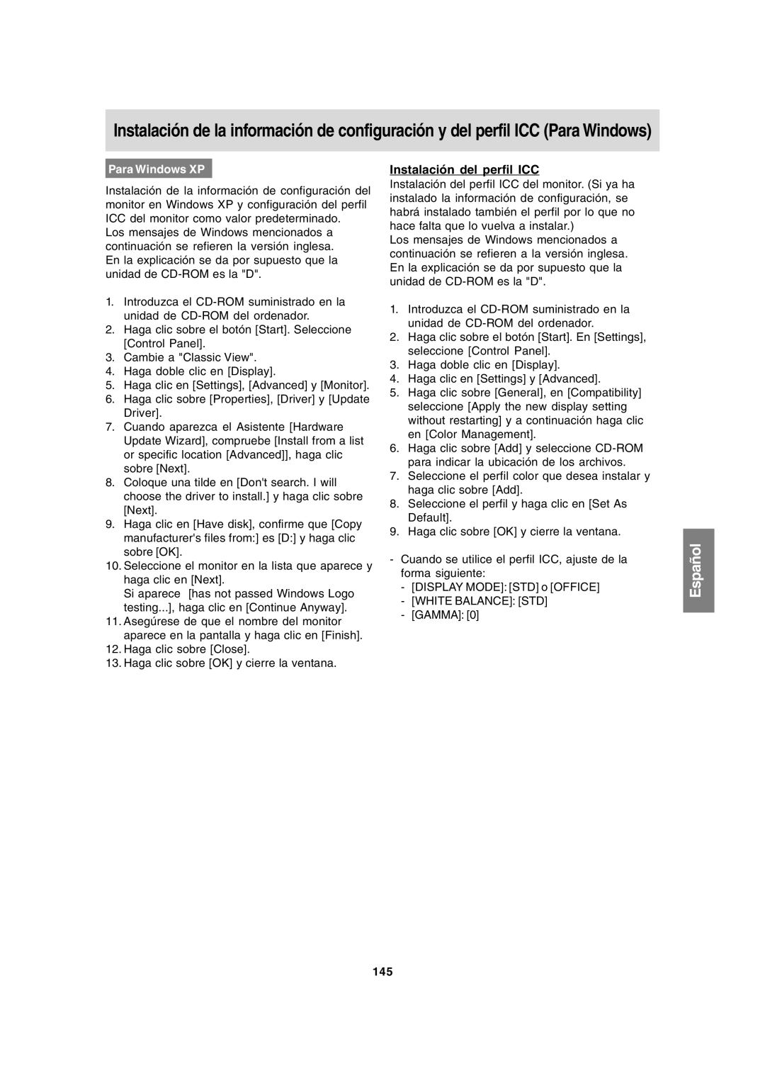 Sharp LL-172A, LL-172G operation manual Para Windows XP Instalación del perfil ICC, 145 