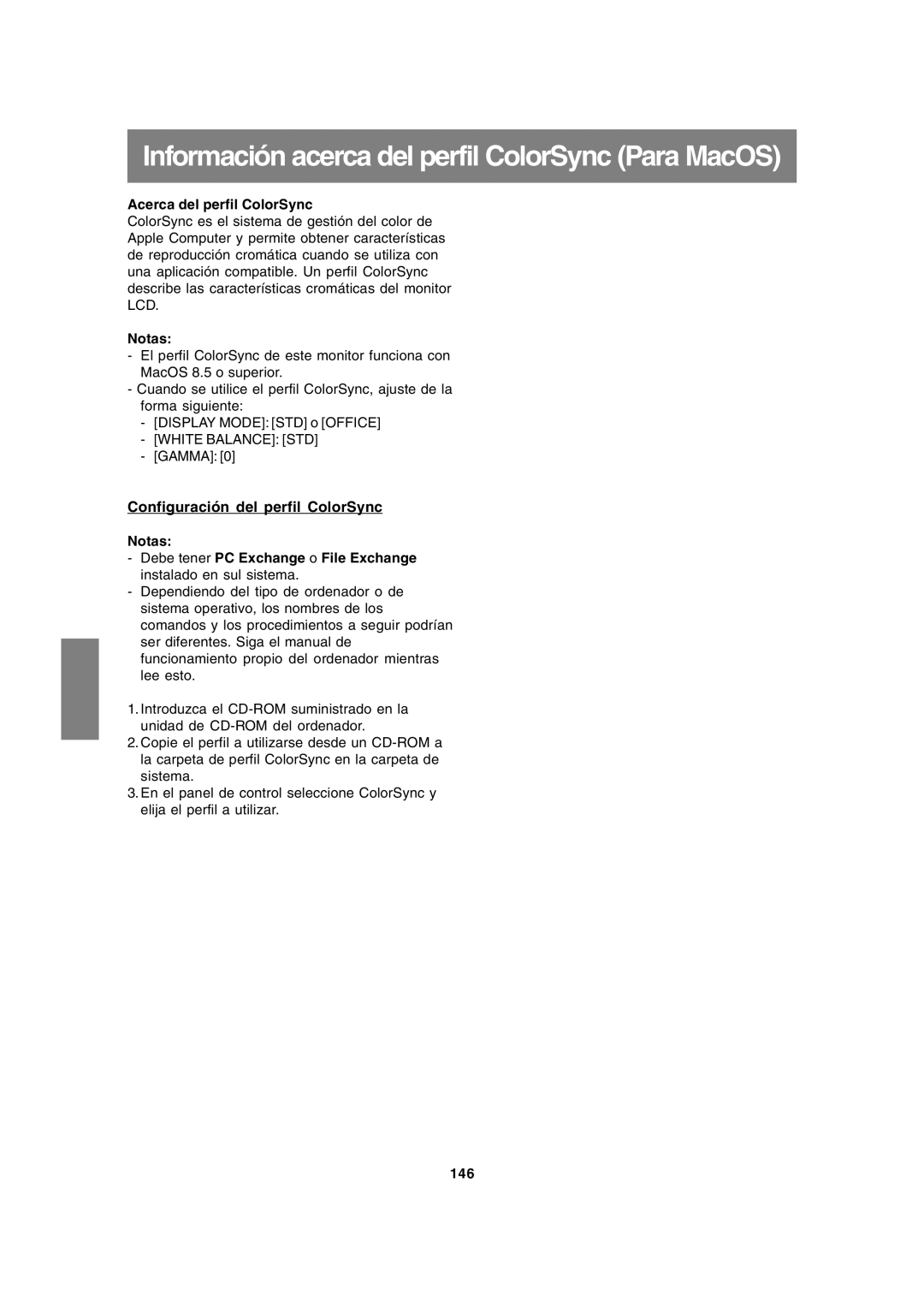 Sharp LL-172G, LL-172A Información acerca del perfil ColorSync Para MacOS, Configuración del perfil ColorSync, 146 