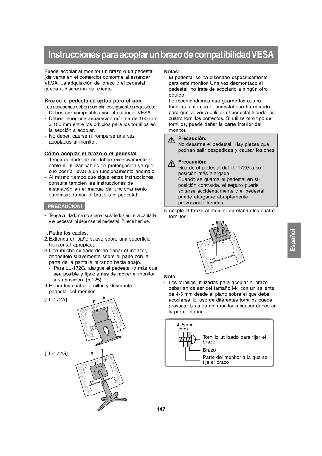 Sharp LL-172A, LL-172G Brazos o pedestales aptos para el uso, Cómo acoplar el brazo o el pedestal, Precaución, 147 