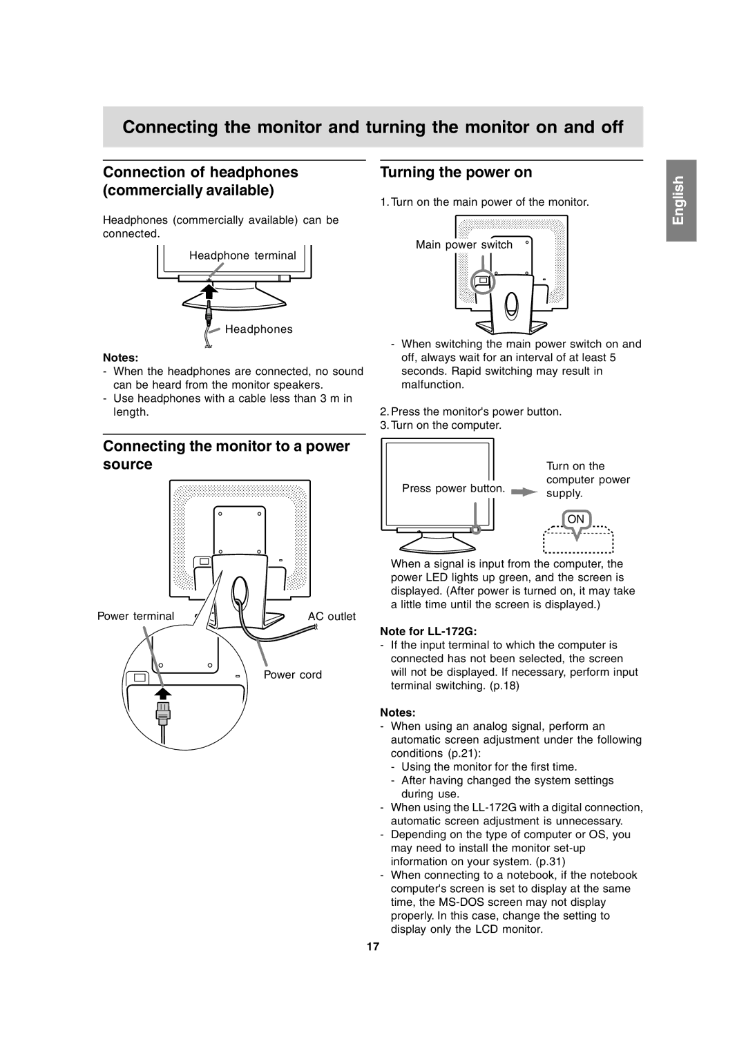 Sharp LL-172A, LL-172G operation manual Connection of headphones commercially available, Turning the power on 