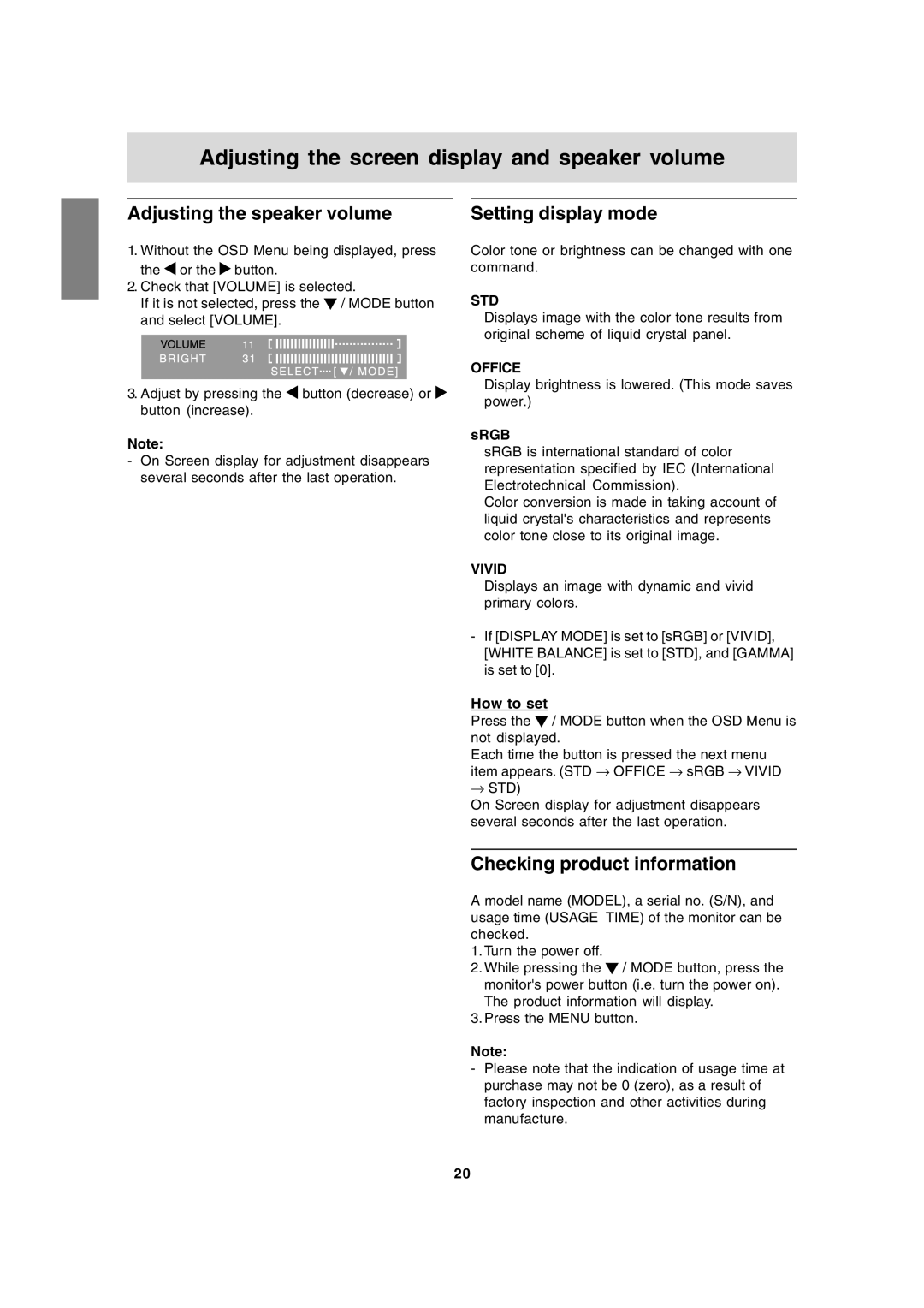 Sharp LL-172G, LL-172A Adjusting the screen display and speaker volume, Adjusting the speaker volume, Setting display mode 