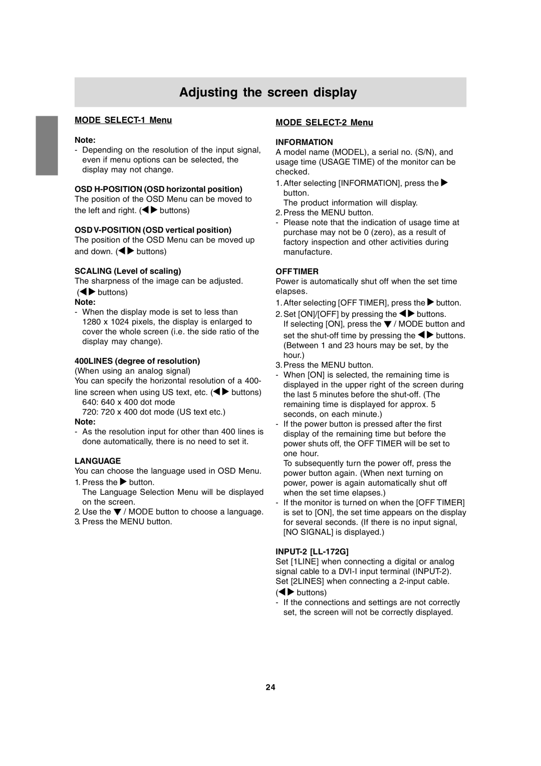 Sharp LL-172G, LL-172A operation manual Mode SELECT-1 Menu, Mode SELECT-2 Menu, Language, Information, OFF Timer 