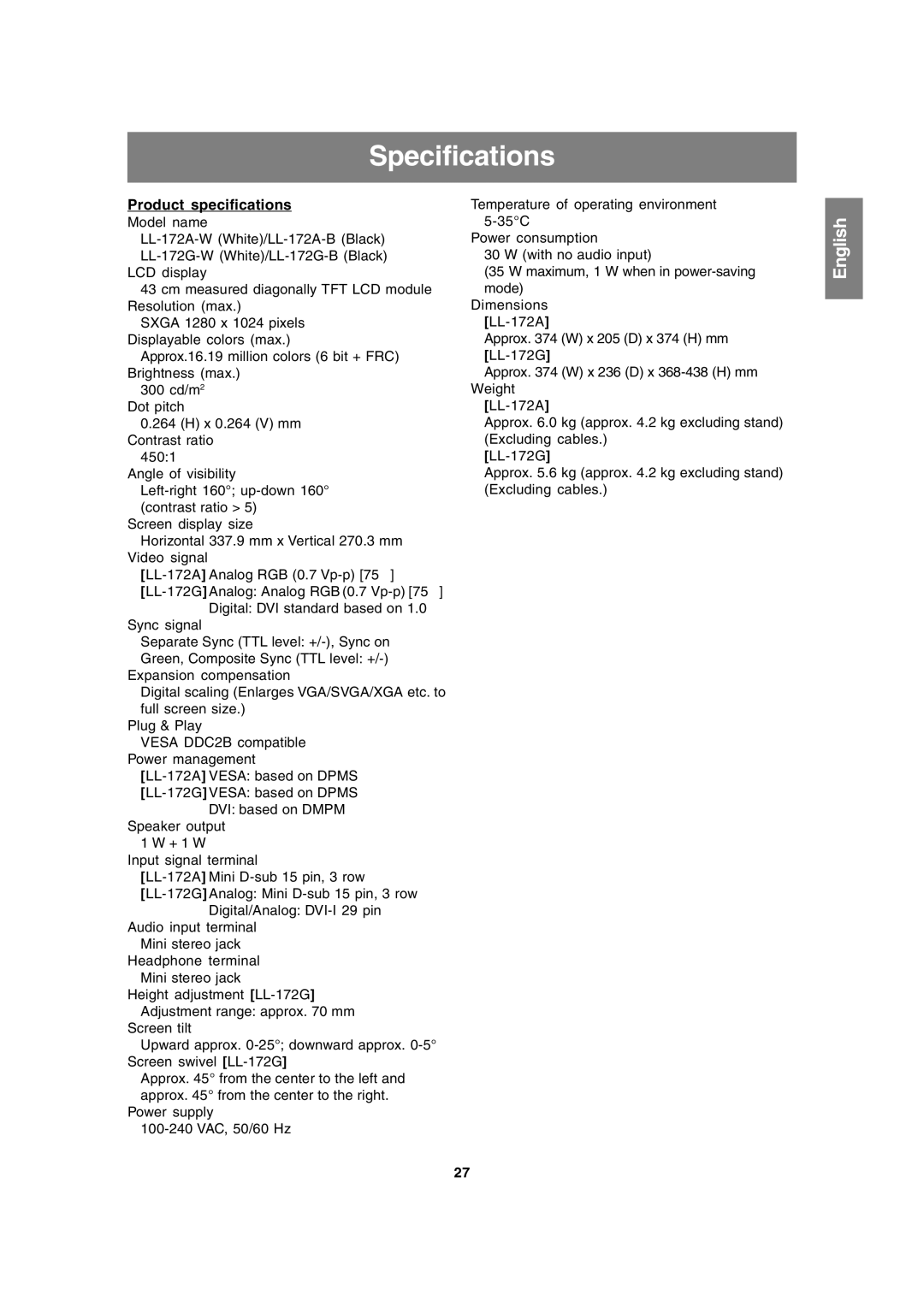 Sharp LL-172A, LL-172G operation manual Specifications, Product specifications 