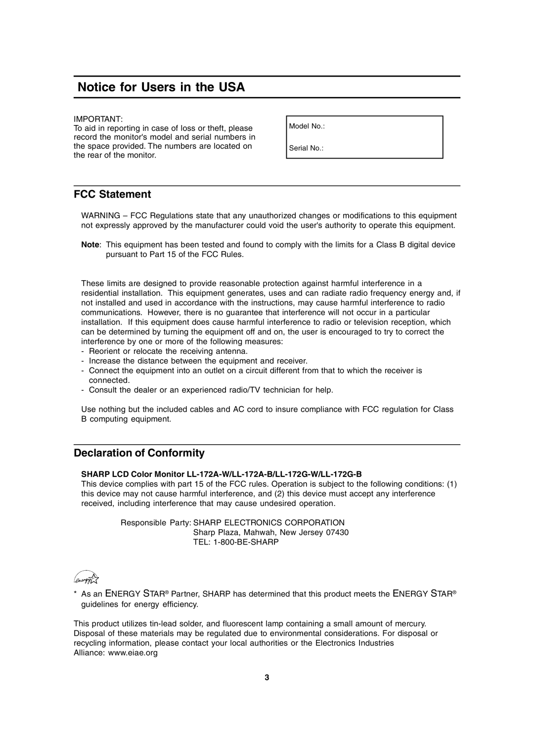 Sharp LL-172A, LL-172G operation manual FCC Statement, Declaration of Conformity 