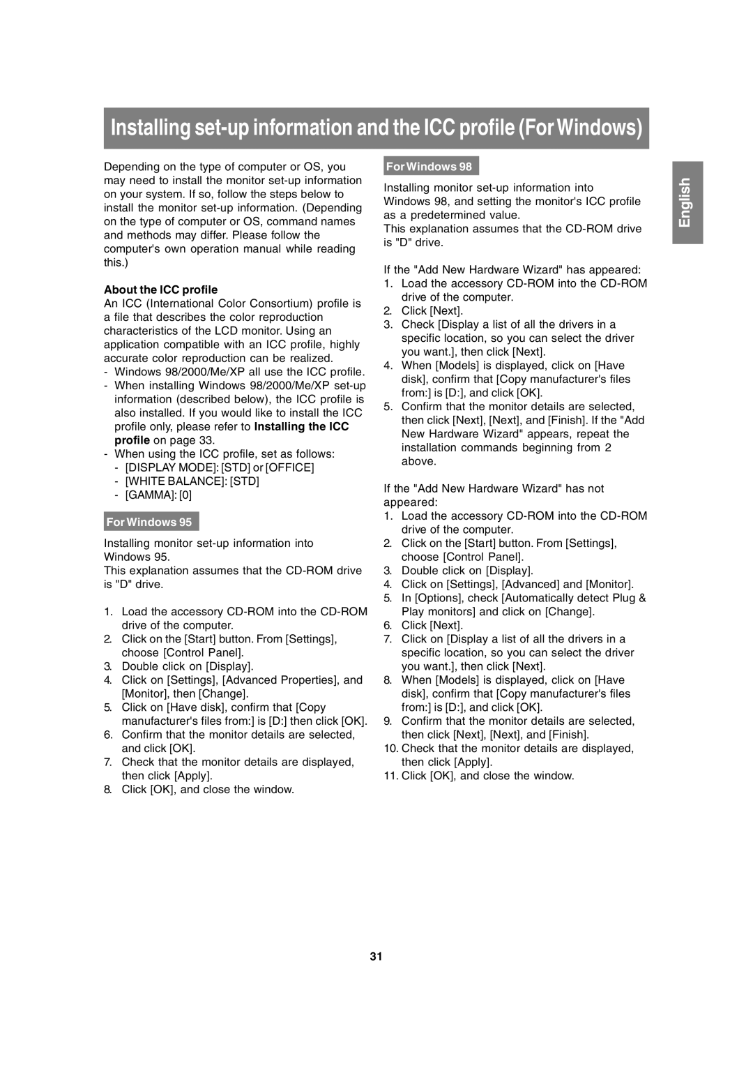 Sharp LL-172A, LL-172G operation manual About the ICC profile, For Windows 