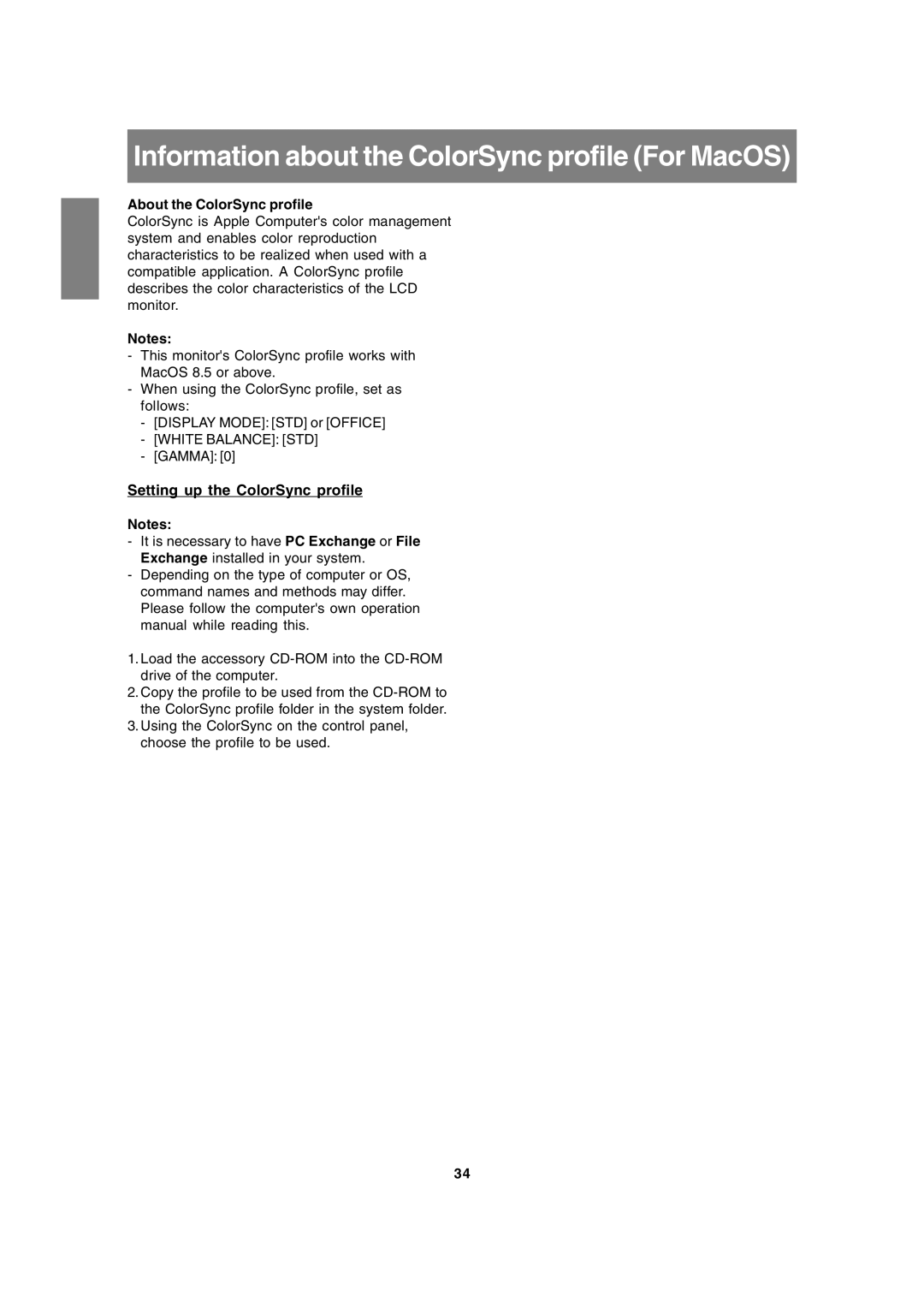 Sharp LL-172G, LL-172A operation manual Information about the ColorSync profile For MacOS, Setting up the ColorSync profile 