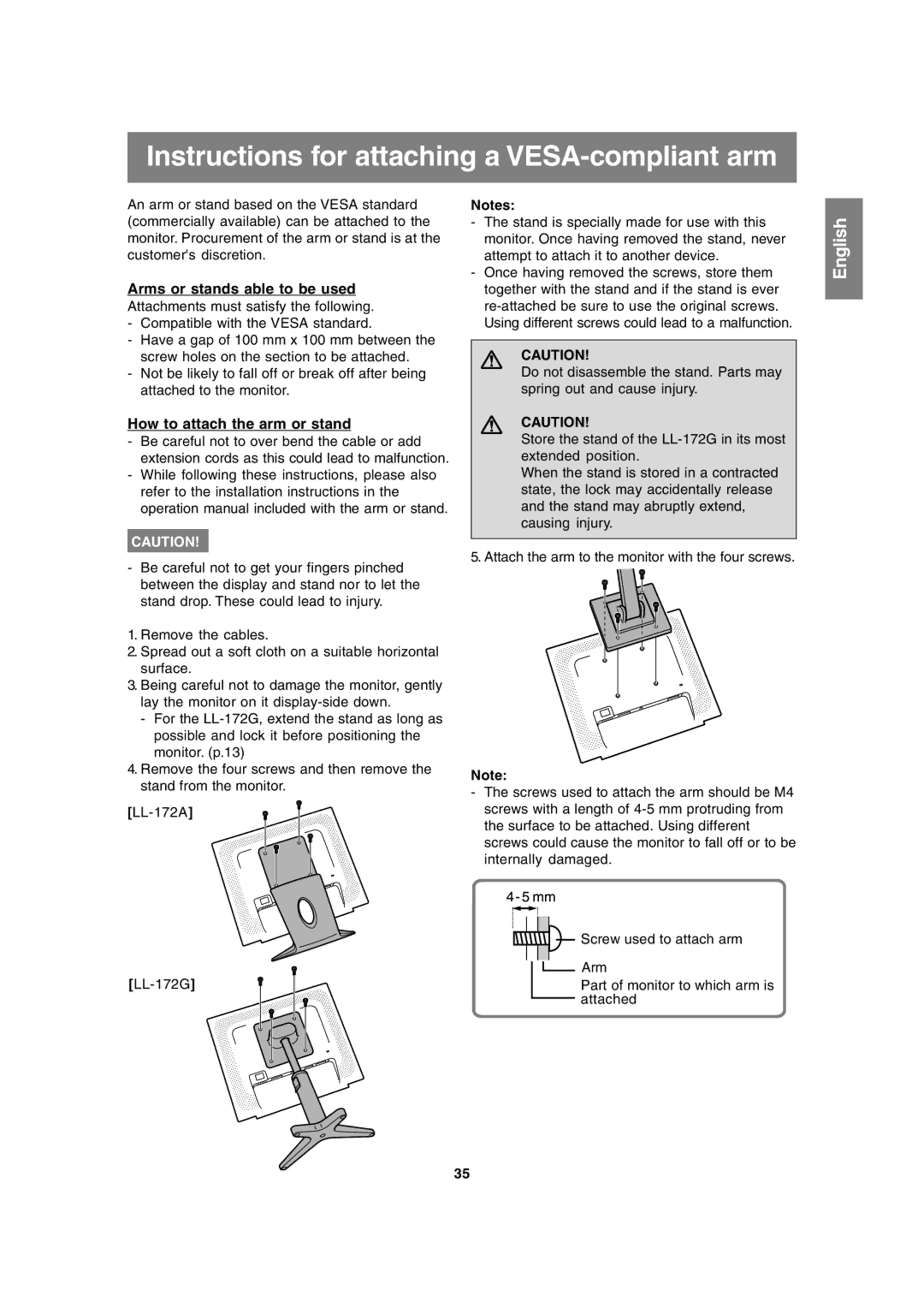 Sharp LL-172A, LL-172G operation manual Instructions for attaching a VESA-compliant arm, Arms or stands able to be used 