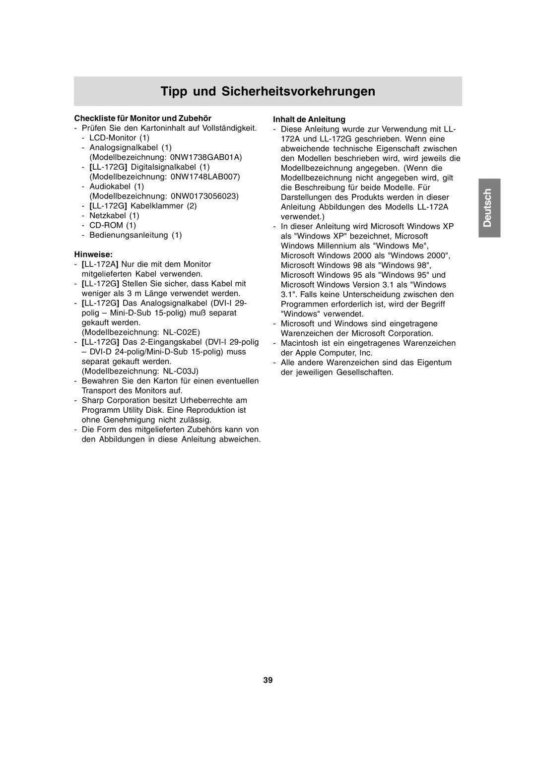 Sharp LL-172A, LL-172G Tipp und Sicherheitsvorkehrungen, Checkliste für Monitor und Zubehör, Hinweise, Inhalt de Anleitung 