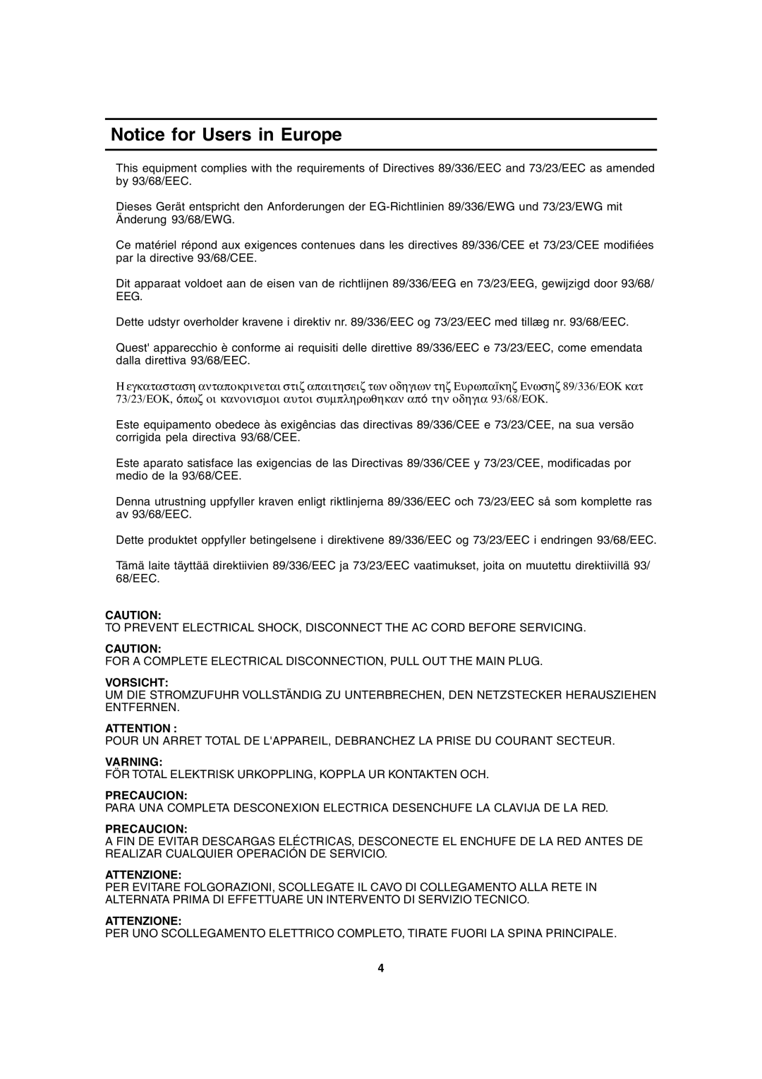 Sharp LL-172G, LL-172A operation manual Vorsicht, Varning, Precaucion, Attenzione 