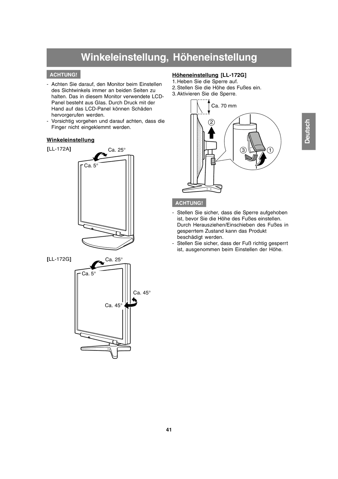 Sharp operation manual Winkeleinstellung, Höheneinstellung, Höheneinstellung LL-172G, LL-172A LL-172G 