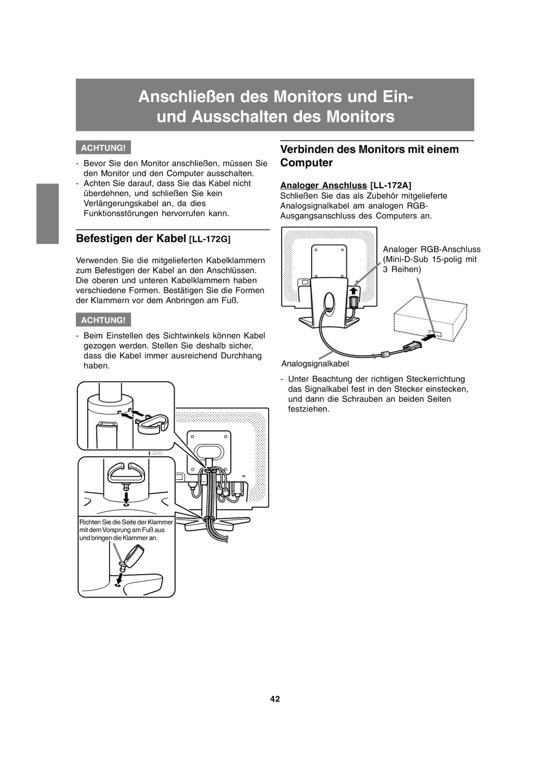 Sharp Verbinden des Monitors mit einem Computer, Befestigen der Kabel LL-172G, Analoger Anschluss LL-172A 