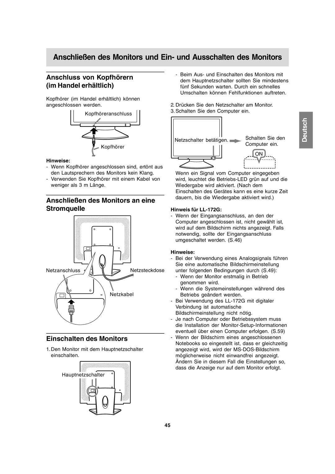 Sharp LL-172A, LL-172G Anschluss von Kopfhörern im Handel erhältlich, Anschließen des Monitors an eine Stromquelle 