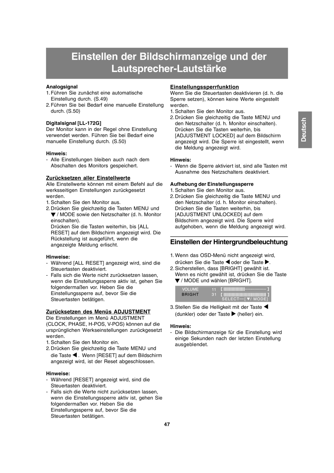 Sharp LL-172A Einstellen der Hintergrundbeleuchtung, Zurücksetzen aller Einstellwerte, Zurücksetzen des Menüs Adjustment 