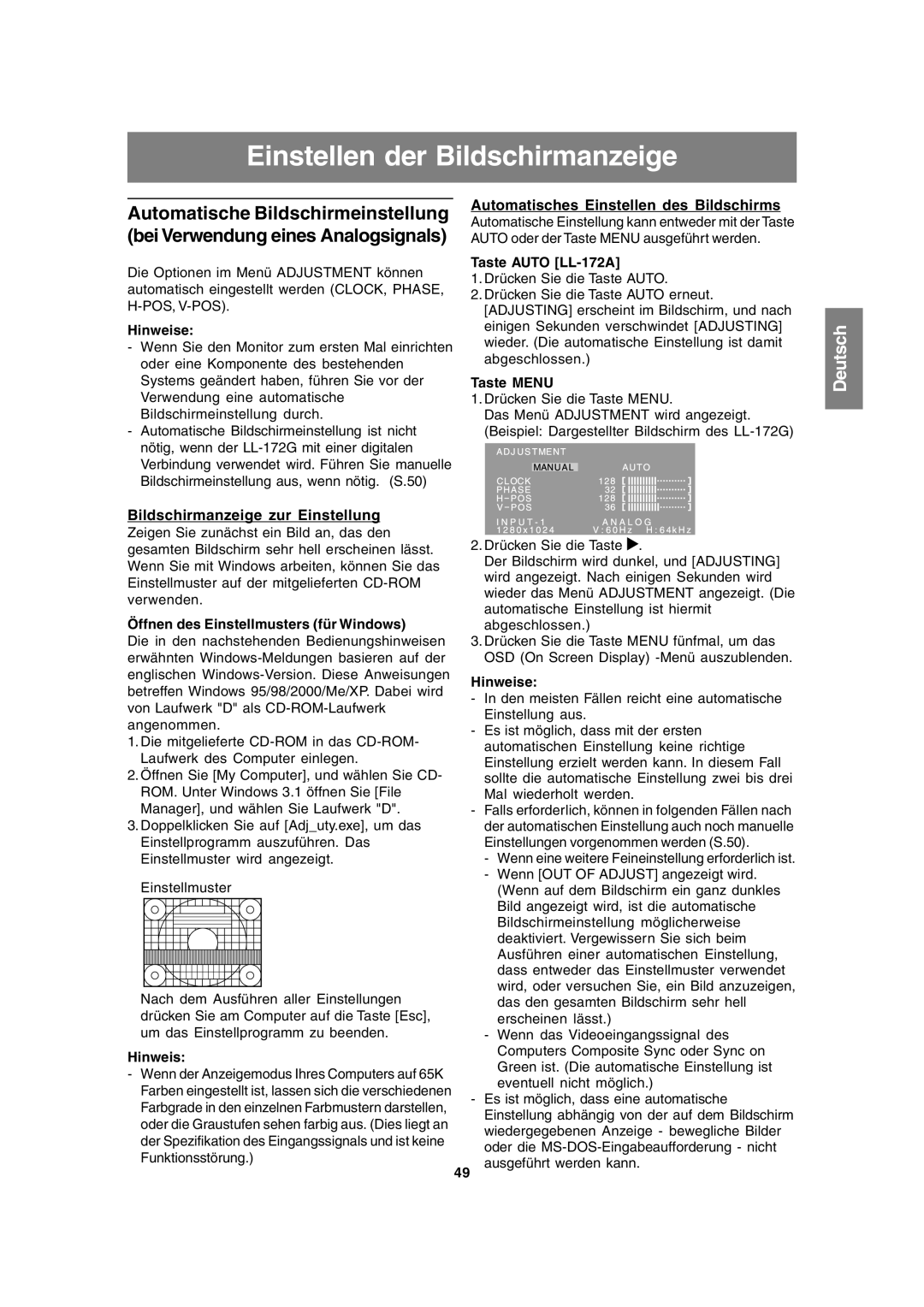 Sharp LL-172A, LL-172G operation manual Einstellen der Bildschirmanzeige, Automatisches Einstellen des Bildschirms 