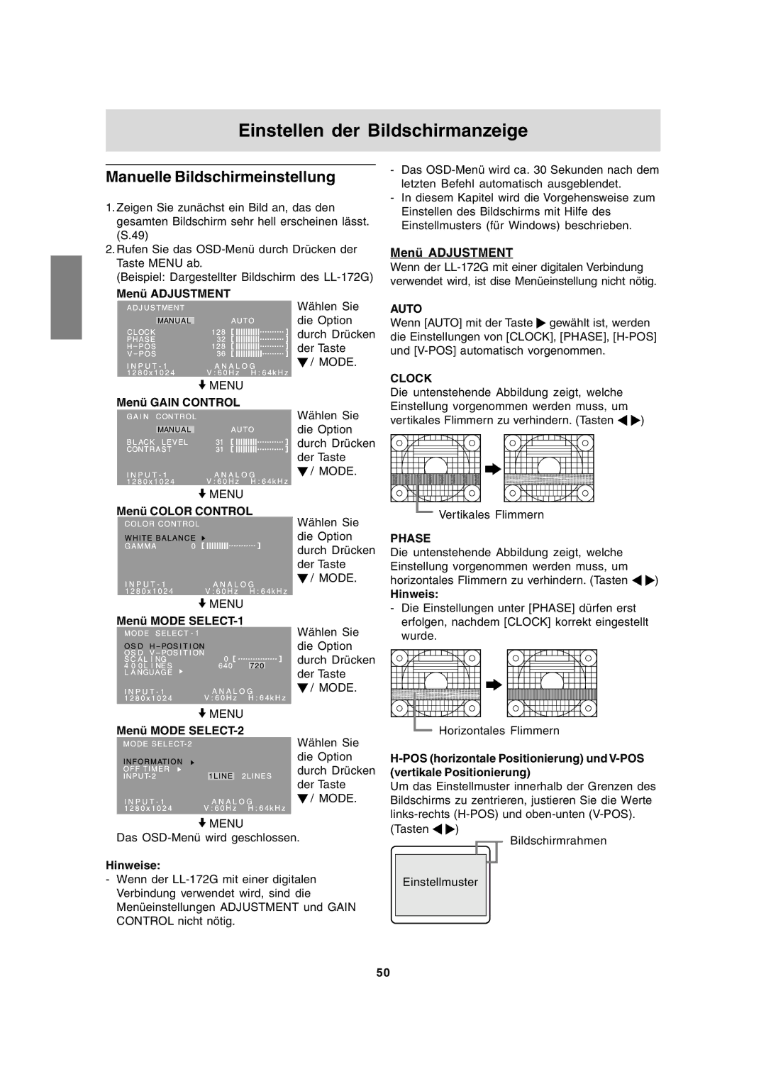 Sharp LL-172G, LL-172A operation manual Einstellen der Bildschirmanzeige, Manuelle Bildschirmeinstellung, Menü Adjustment 