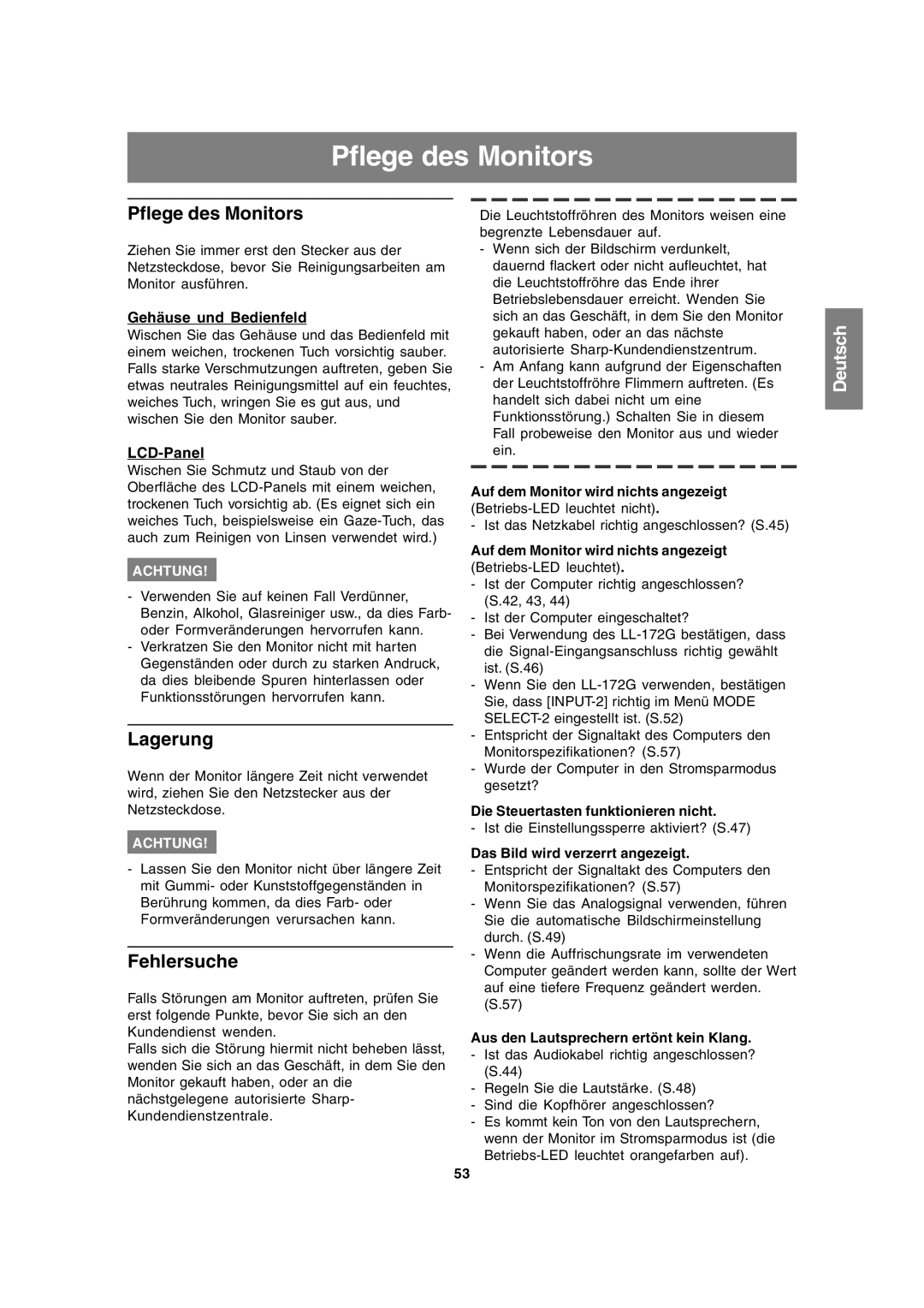 Sharp LL-172A, LL-172G operation manual Pflege des Monitors, Lagerung, Fehlersuche 