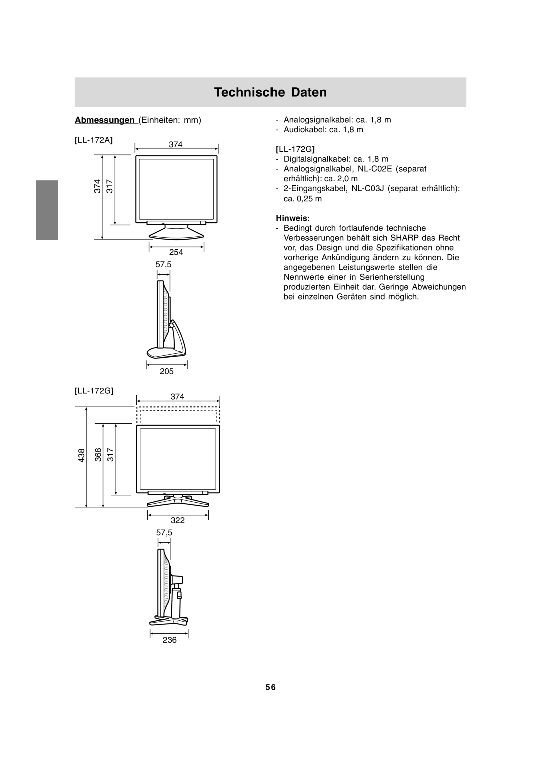 Sharp LL-172G, LL-172A operation manual Technische Daten, Hinweis 