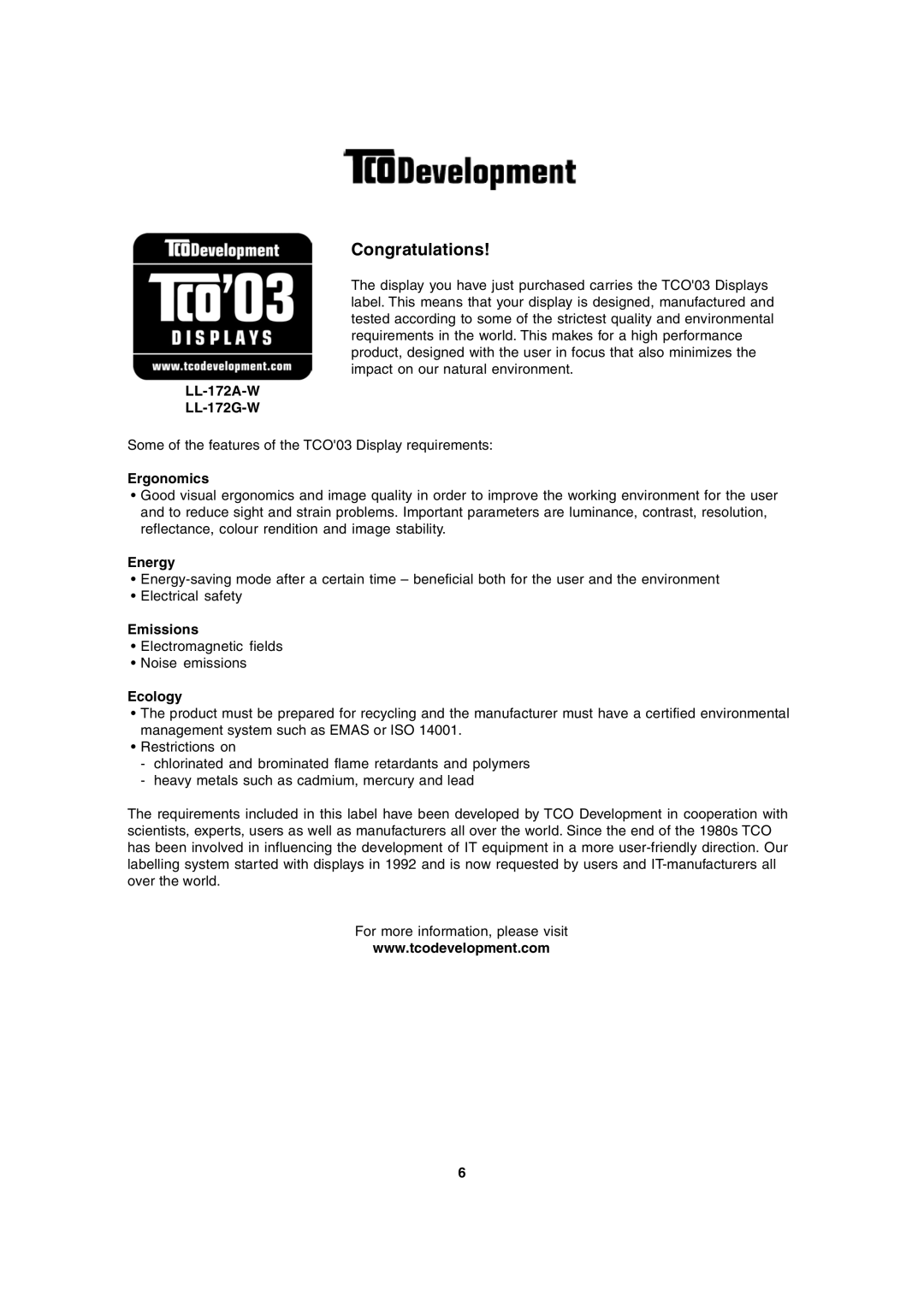 Sharp operation manual LL-172A-W LL-172G-W, Ergonomics, Energy, Emissions, Ecology 