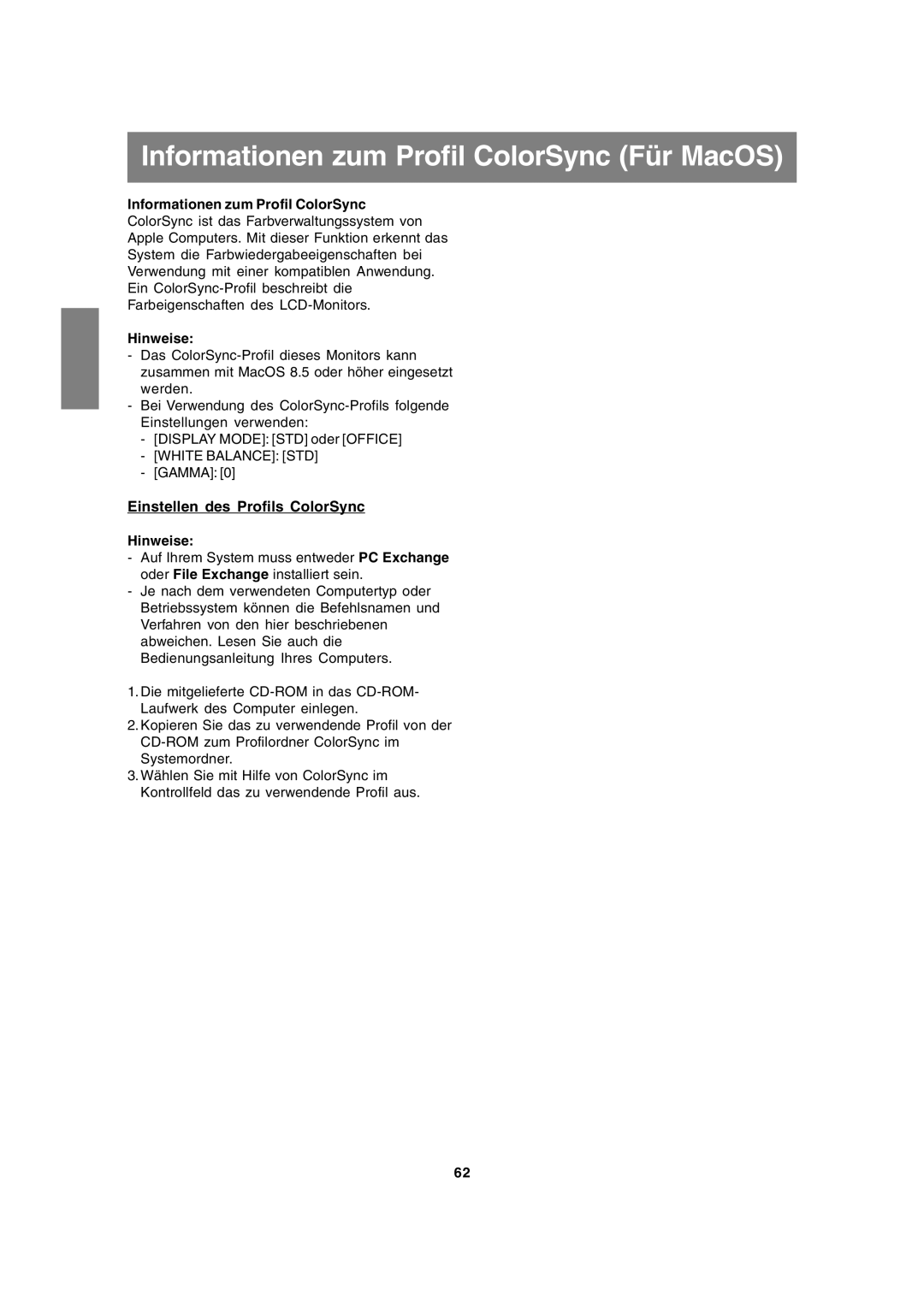 Sharp LL-172G, LL-172A operation manual Informationen zum Profil ColorSync Für MacOS, Einstellen des Profils ColorSync 