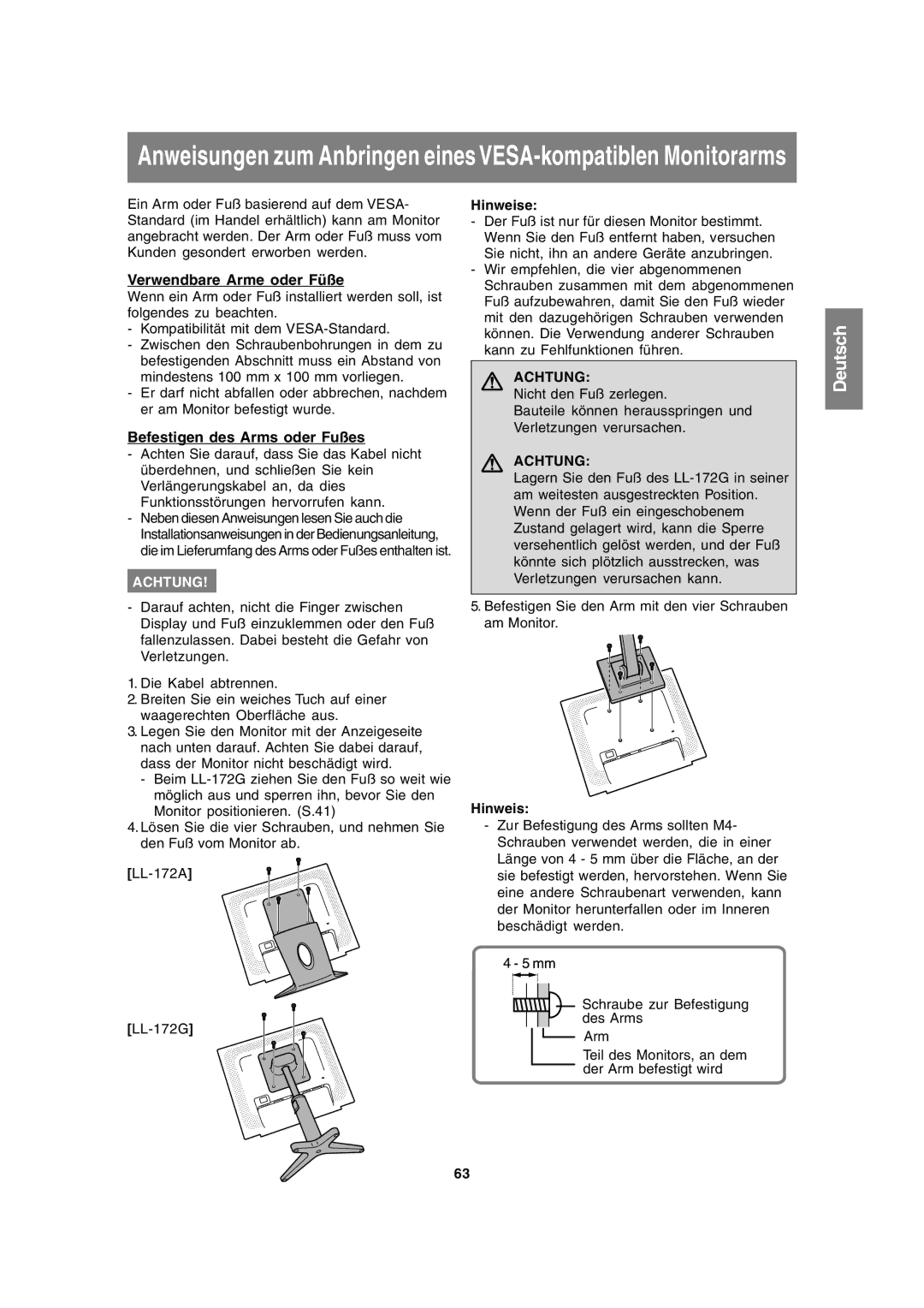 Sharp LL-172A, LL-172G operation manual Verwendbare Arme oder Füße, Befestigen des Arms oder Fußes, Achtung 