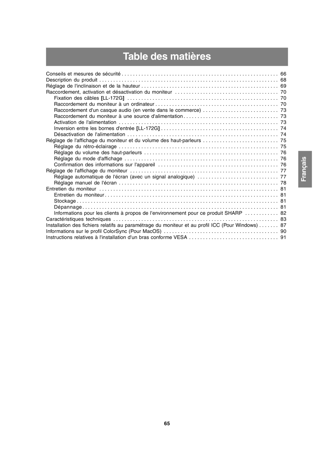 Sharp LL-172A, LL-172G operation manual Table des matières 